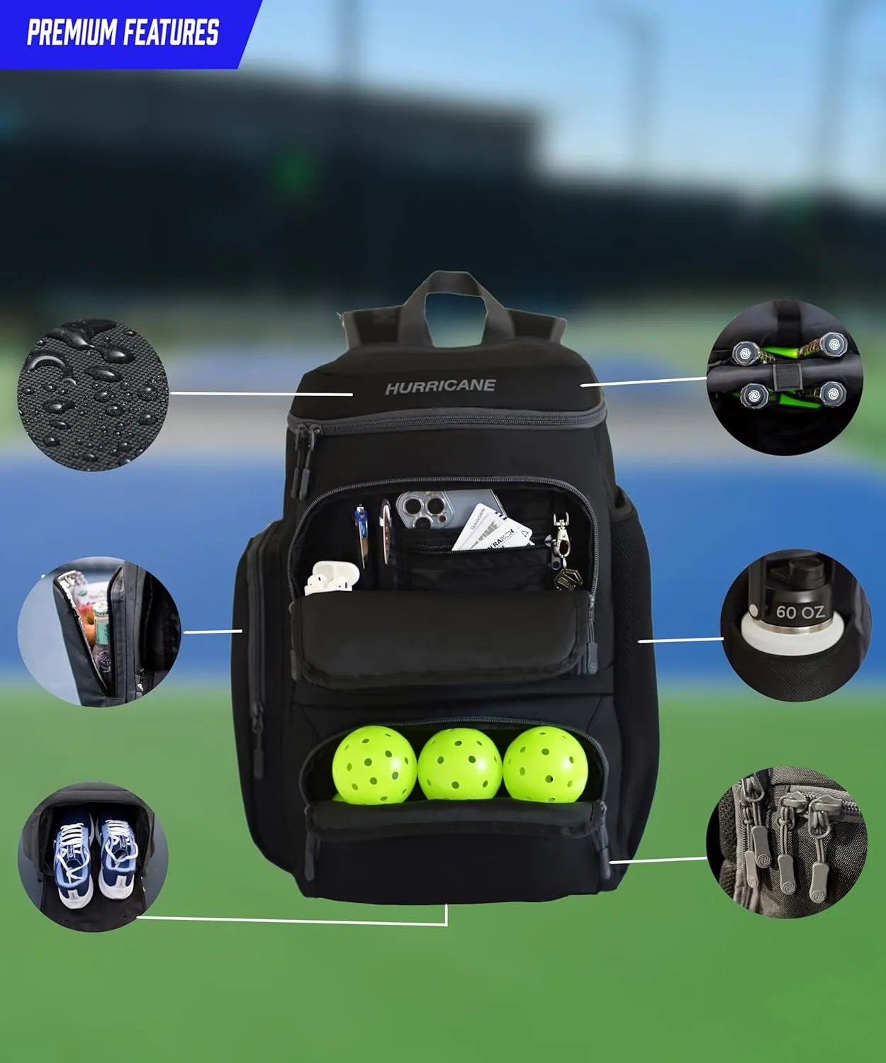 Pickleball Bag, Large Pickleball Backpack, spacious design with paddle storage, shoe compartment, thermal pocket, water bottle holder, fence hook. Ideal for all your pickleball gear