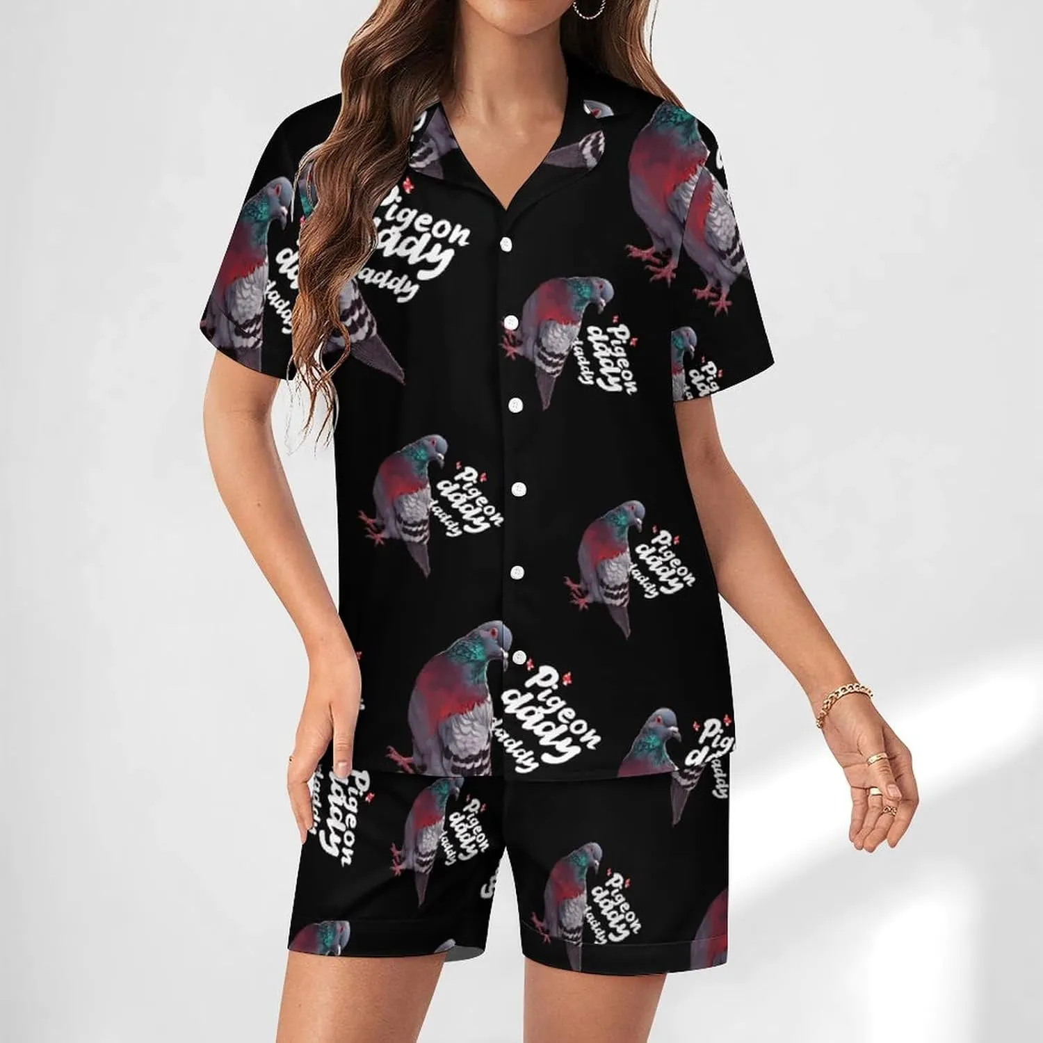 Pigeon Daddy Women's Satin Pajama Set Short Sleeve Button Down Sleepwear Loungewear Pj Set