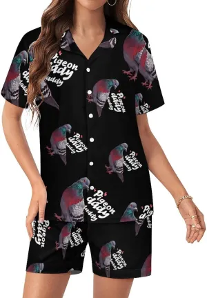 Pigeon Daddy Women's Satin Pajama Set Short Sleeve Button Down Sleepwear Loungewear Pj Set