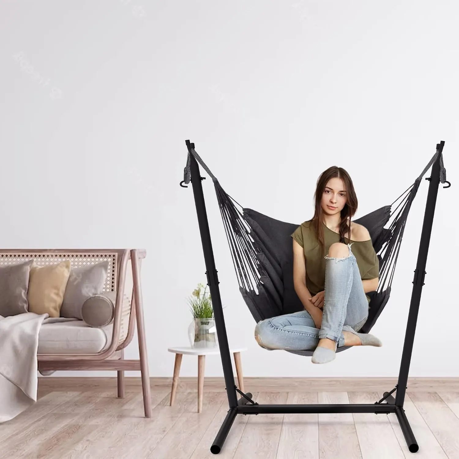 Pillow Hammock Chair with Stand to Protect The Cervical Spine. Adjustable Hammock Chair Stand, Suitable for Indoor and Outdoor Porch Swing Chair with Stand