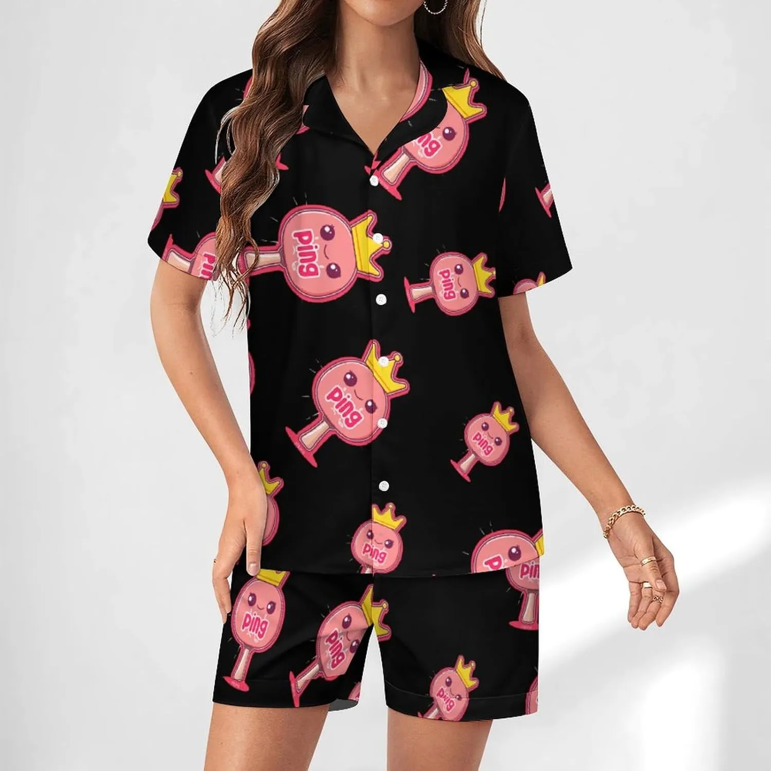 Ping Pong Queen Women's Satin Pajama Set Short Sleeve Button Down Sleepwear Loungewear Pj Set
