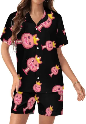 Ping Pong Queen Women's Satin Pajama Set Short Sleeve Button Down Sleepwear Loungewear Pj Set