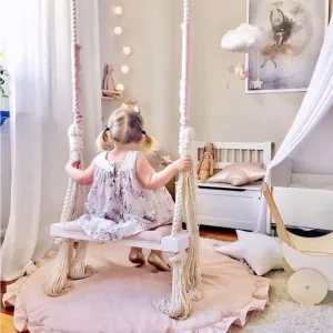Pink Wooden Tree Swing – Hanging Hammock Chair for Kids Adult, White Wooden Hammock Chair for Indoor and Outdoor, Adjustable Macrame Cotton Rope