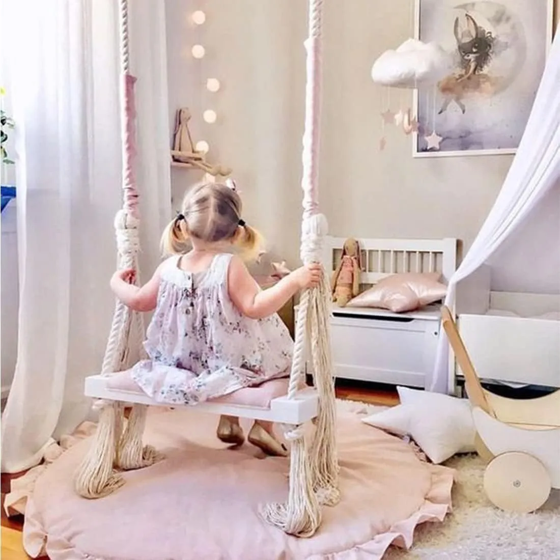 Pink Wooden Tree Swing – Hanging Hammock Chair for Kids Adult, White Wooden Hammock Chair for Indoor and Outdoor, Adjustable Macrame Cotton Rope