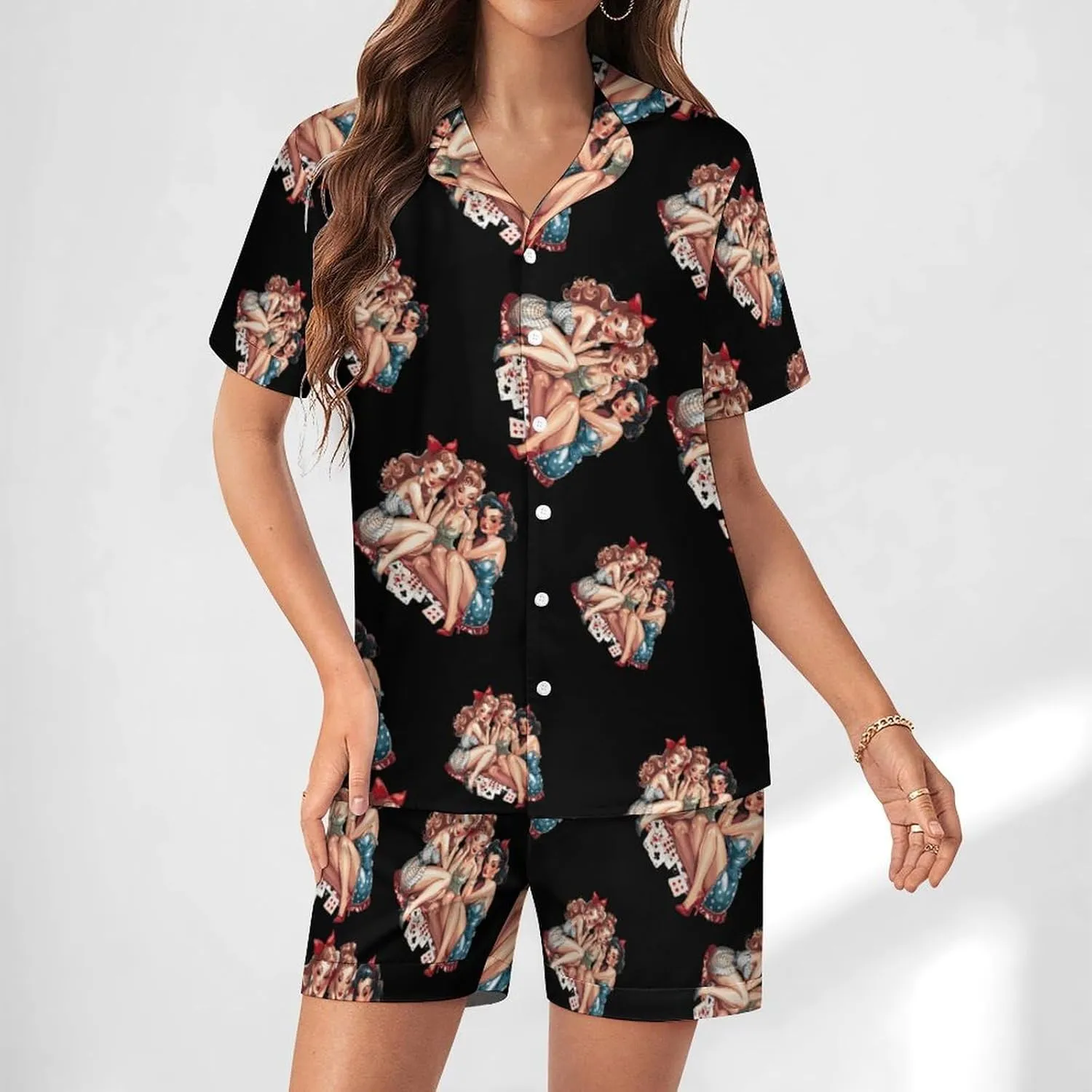 Pinup Girls Playing Cards Women's Satin Pajama Set Short Sleeve Button Down Sleepwear Loungewear Pj Set