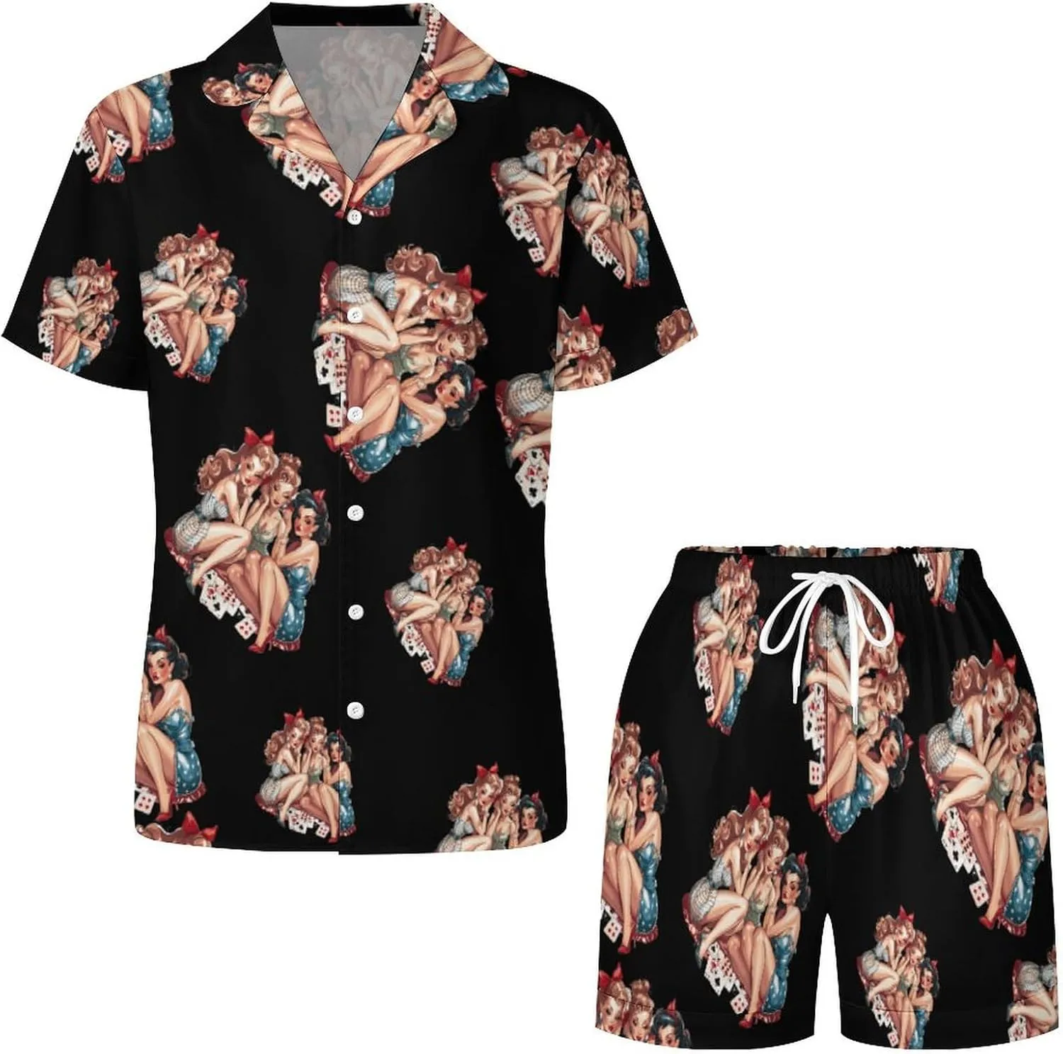 Pinup Girls Playing Cards Women's Satin Pajama Set Short Sleeve Button Down Sleepwear Loungewear Pj Set
