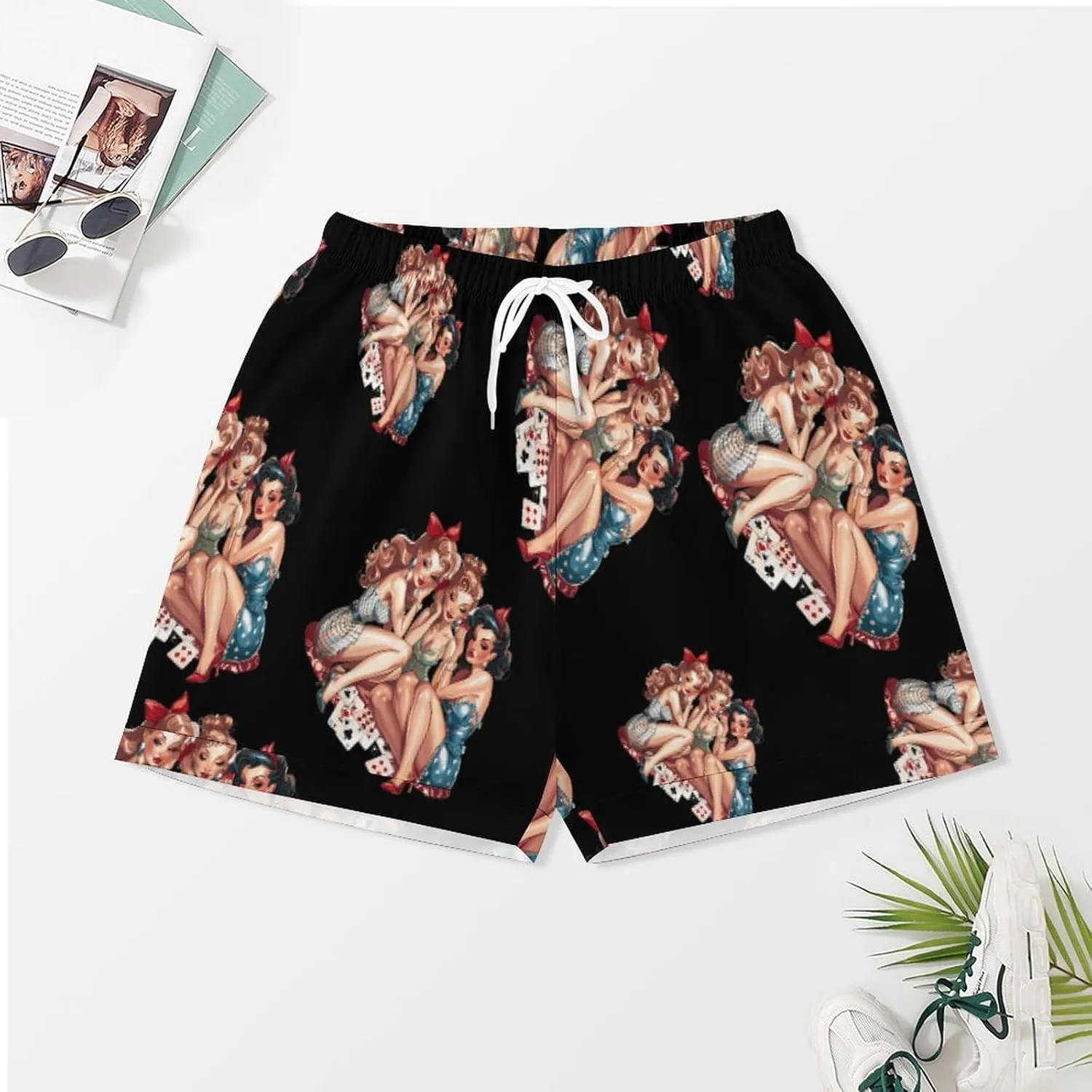 Pinup Girls Playing Cards Women's Satin Pajama Set Short Sleeve Button Down Sleepwear Loungewear Pj Set