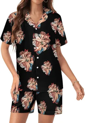 Pinup Girls Playing Cards Women's Satin Pajama Set Short Sleeve Button Down Sleepwear Loungewear Pj Set