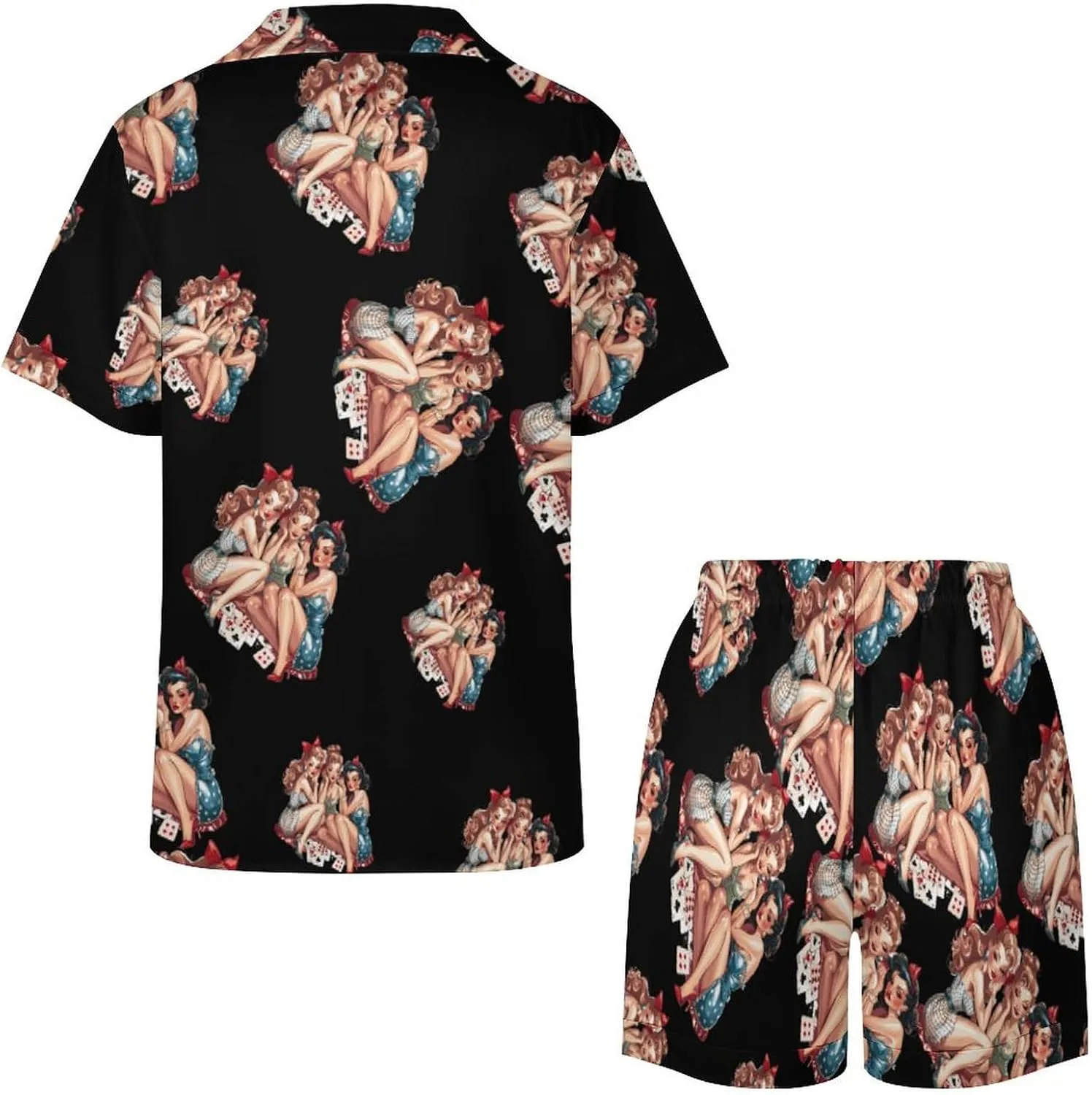 Pinup Girls Playing Cards Women's Satin Pajama Set Short Sleeve Button Down Sleepwear Loungewear Pj Set
