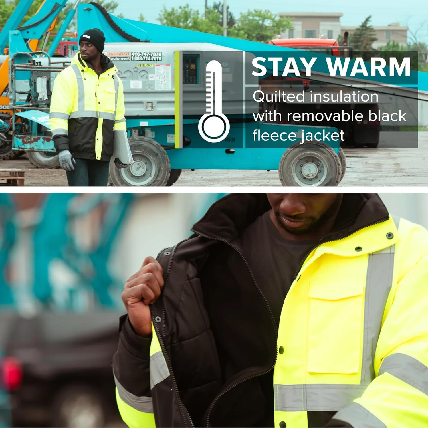 Pioneer Hi Vis 5-in-1 Waterproof Safety Jacket for Men - Convertible to Vest & Black Fleece - Rated to -8°F - ANSI Class 3