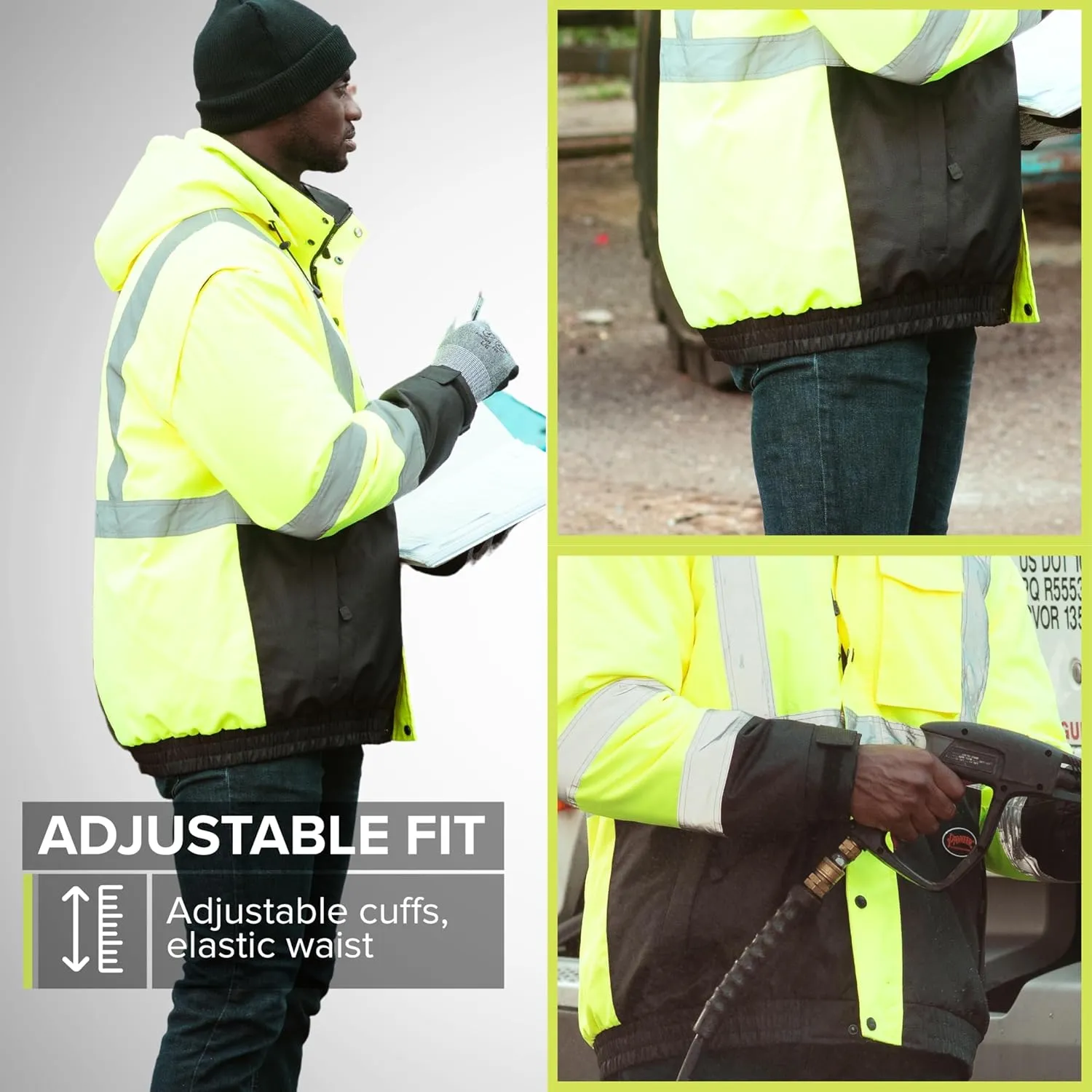 Pioneer Hi Vis 5-in-1 Waterproof Safety Jacket for Men - Convertible to Vest & Black Fleece - Rated to -8°F - ANSI Class 3