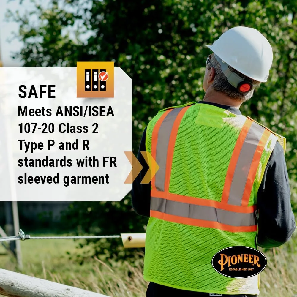 Pioneer Hi Vis Flame Resistant Vest For Men and Women - Self-Extinguishing FR Mesh - Reflective Tape - Class 2