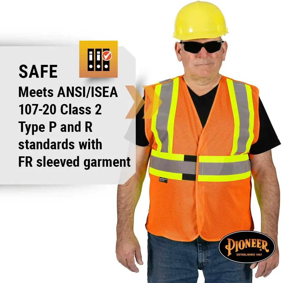 Pioneer Hi Vis Flame Resistant Vest For Men and Women - Self-Extinguishing FR Mesh - Reflective Tape - Class 2