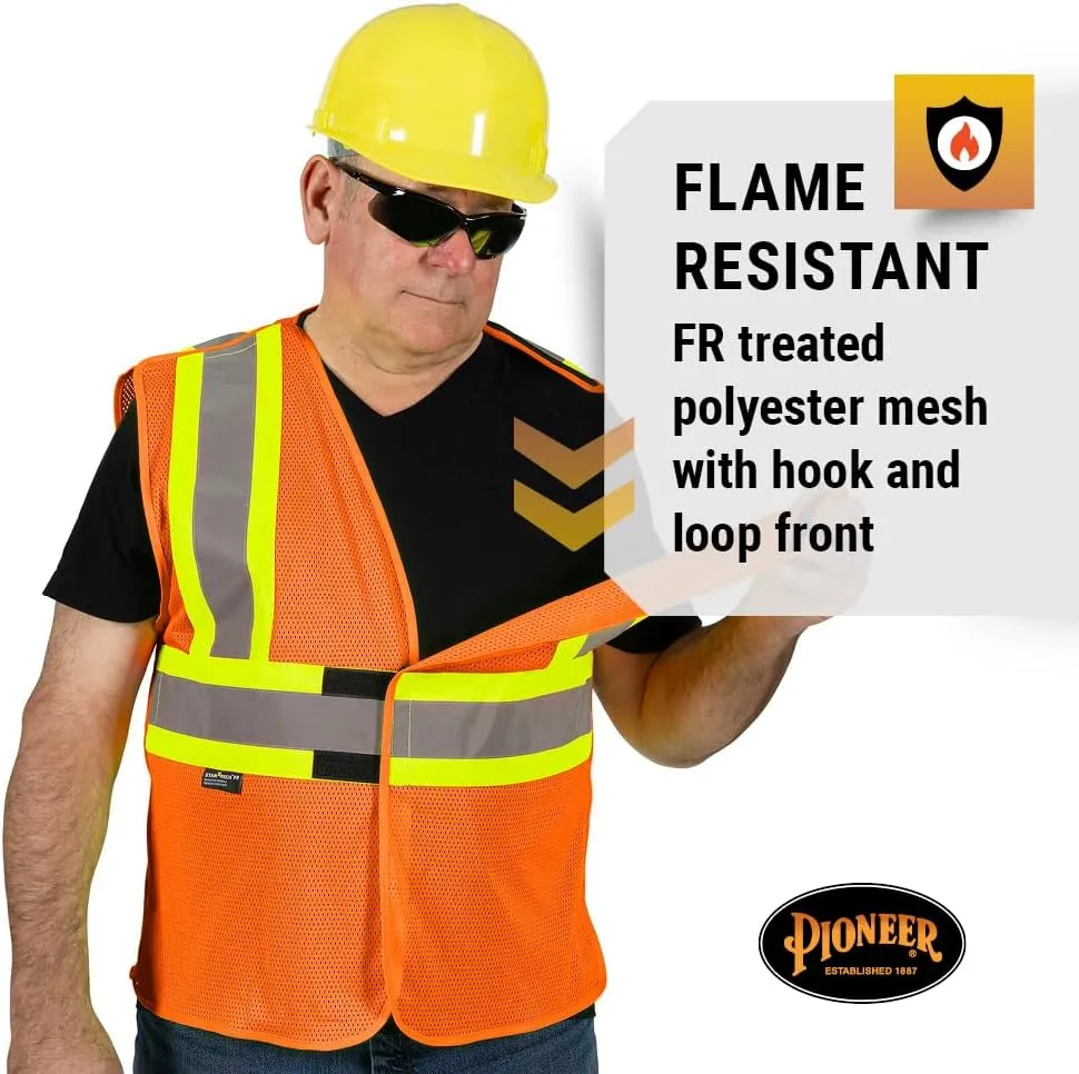 Pioneer Hi Vis Flame Resistant Vest For Men and Women - Self-Extinguishing FR Mesh - Reflective Tape - Class 2