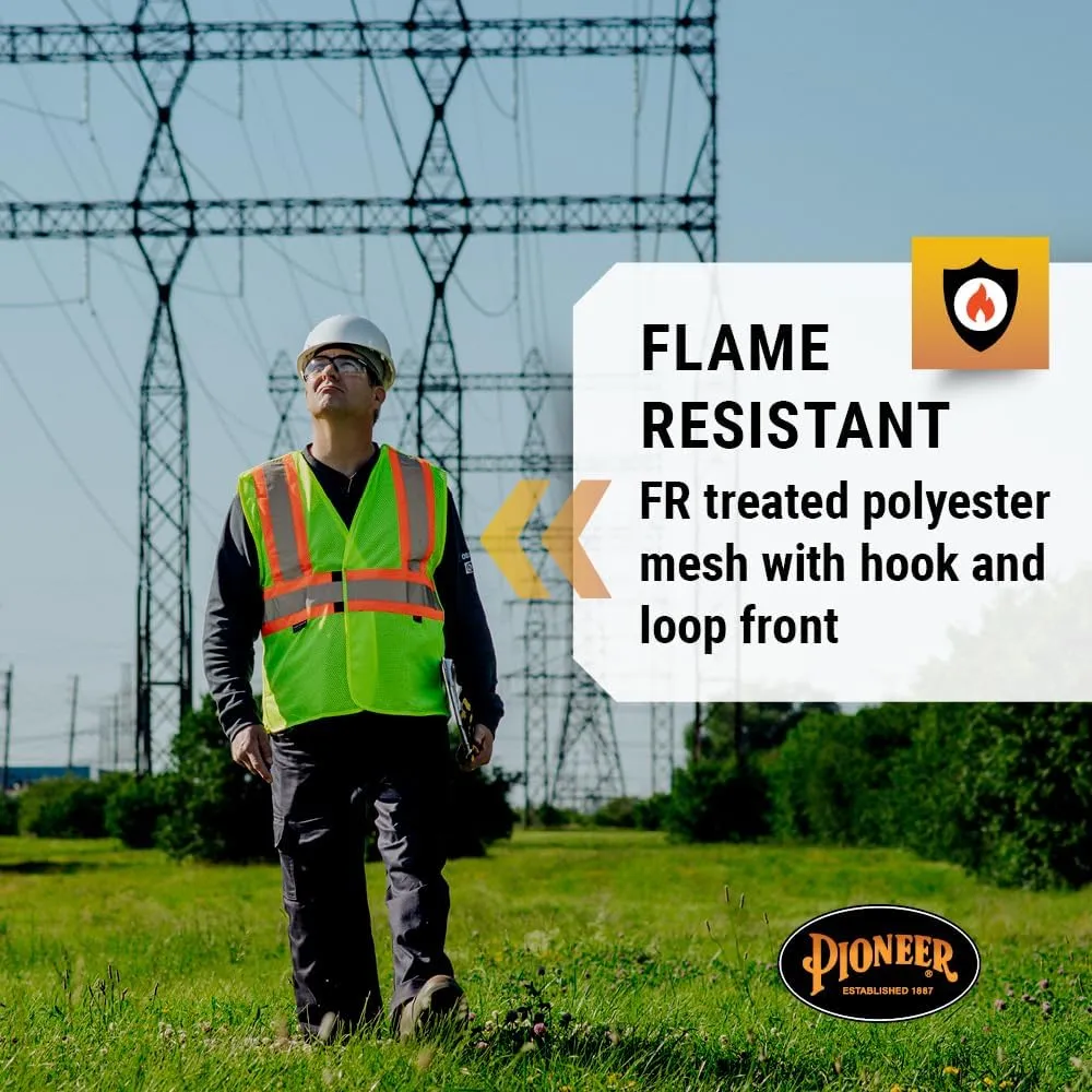 Pioneer Hi Vis Flame Resistant Vest For Men and Women - Self-Extinguishing FR Mesh - Reflective Tape - Class 2