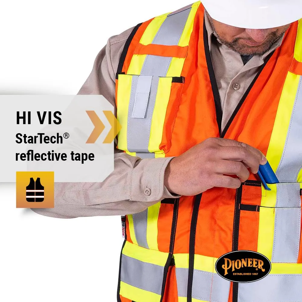 Pioneer Hi Vis FR Surveyor's Safety Vest - Flame Resistant ARC Rated - Reflective - for Men and Women - Orange