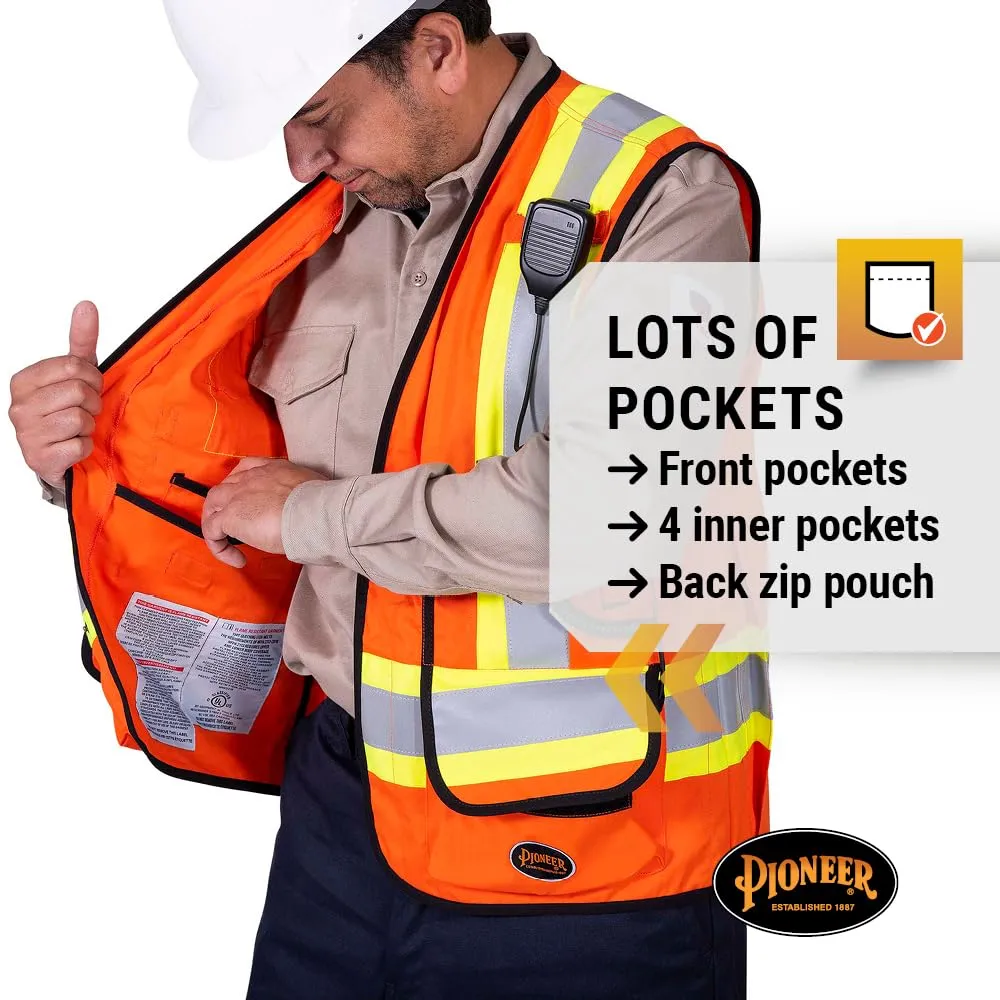 Pioneer Hi Vis FR Surveyor's Safety Vest - Flame Resistant ARC Rated - Reflective - for Men and Women - Orange