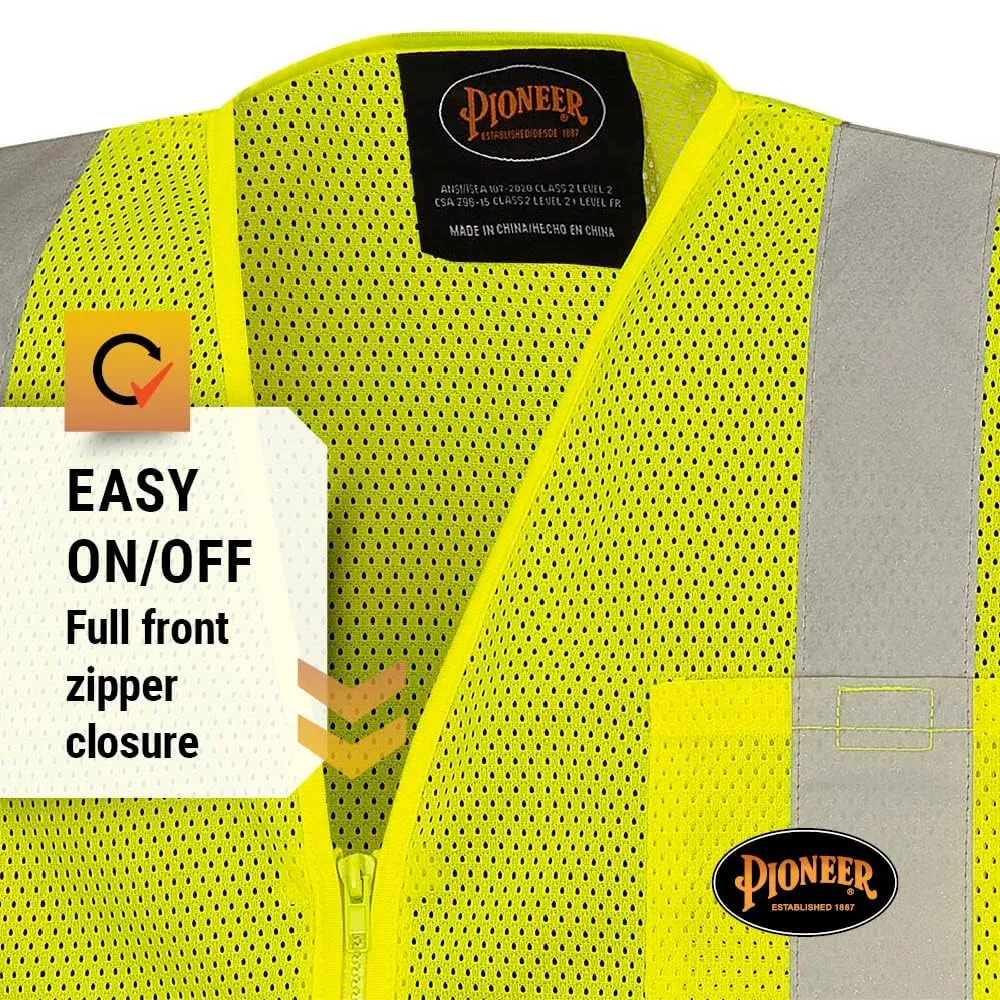 Pioneer Hi Vis Self-Extinguishing FR Safety Vest for Men & Women - Flame Resistant Mesh with Reflective Tape - Class 2