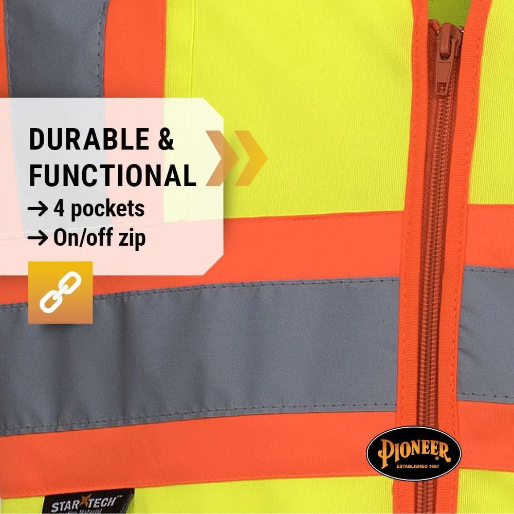 Pioneer Hi Vis Sleeved Safety Vest For Men & Women - Breathable Tricot - Reflective Tape - Pockets - Class 3
