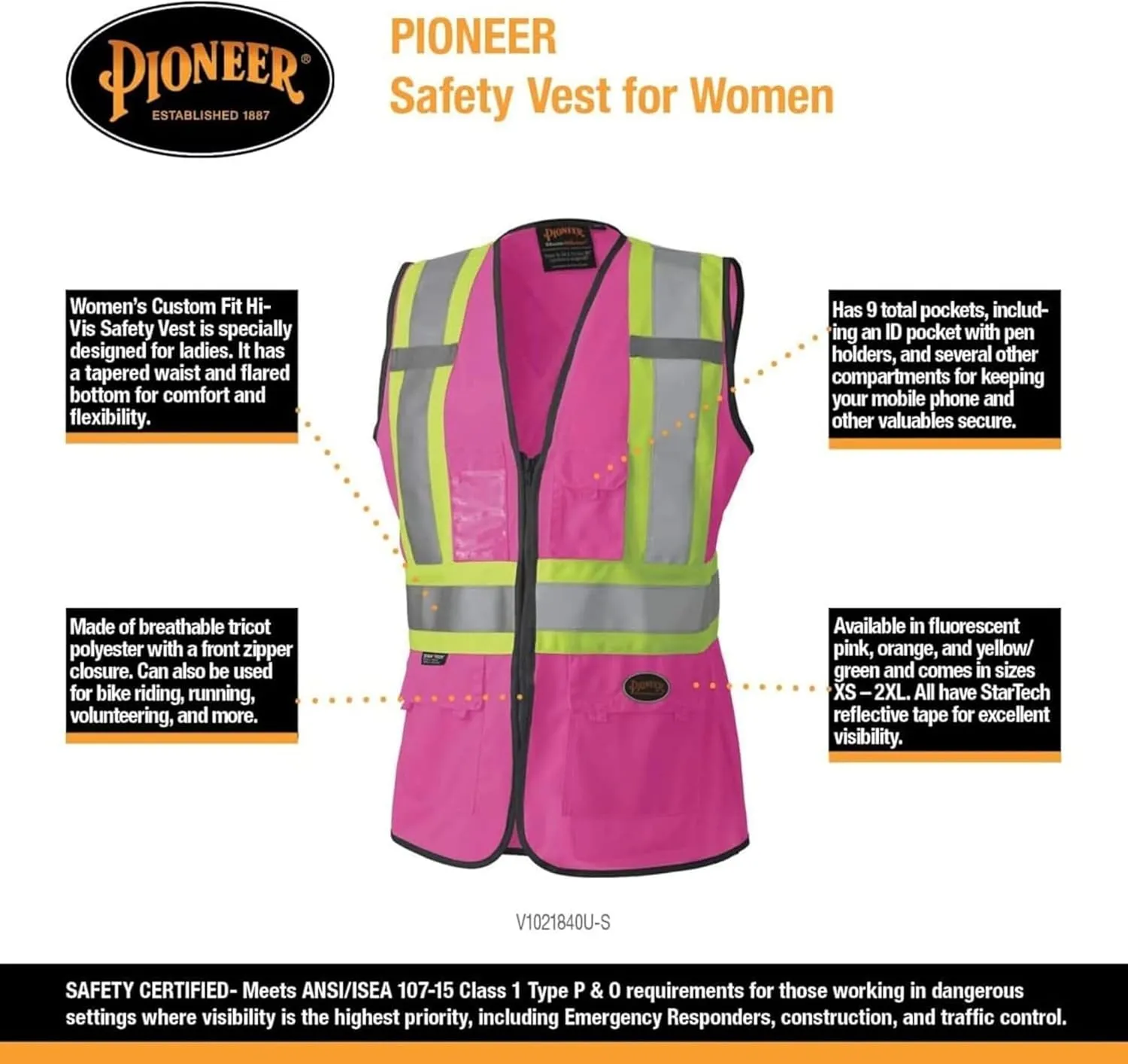 Pioneer Safety Vest for Women With Pockets - Hi-Vis Reflective Tape - For Construction