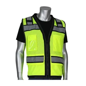 PIP 302-0800D-LY/5X ANSI Type R Class 2 Black Two-Tone Eleven Pocket Tech-Ready Mesh Surveyors Vest with D-Ring Access, Hi-Vis Yellow, 5X-Large, 1 Each