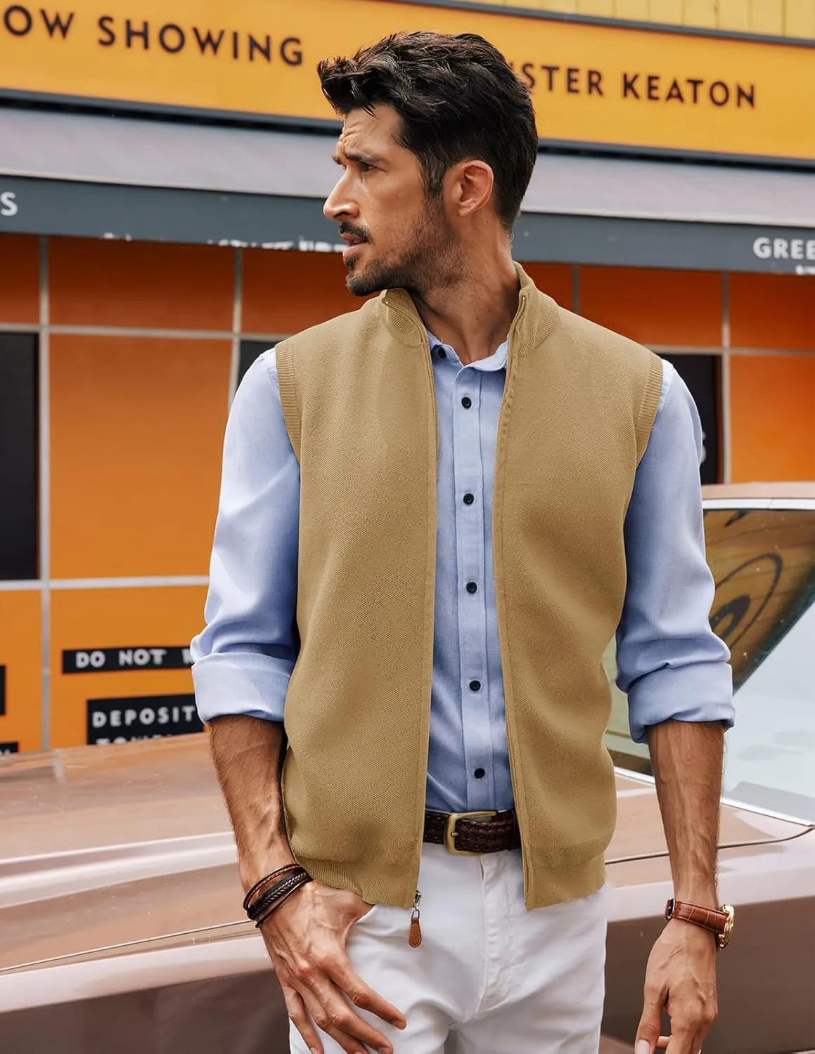PJ PAUL JONES Mens Sweater Vest Full-Up Knitted Vests Casual Stand Collar Vests Sweater