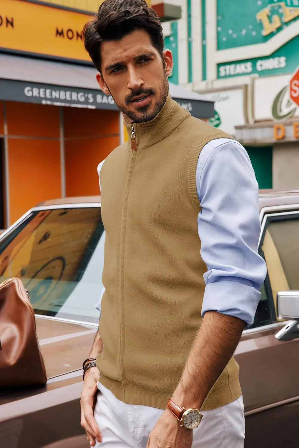 PJ PAUL JONES Mens Sweater Vest Full-Up Knitted Vests Casual Stand Collar Vests Sweater