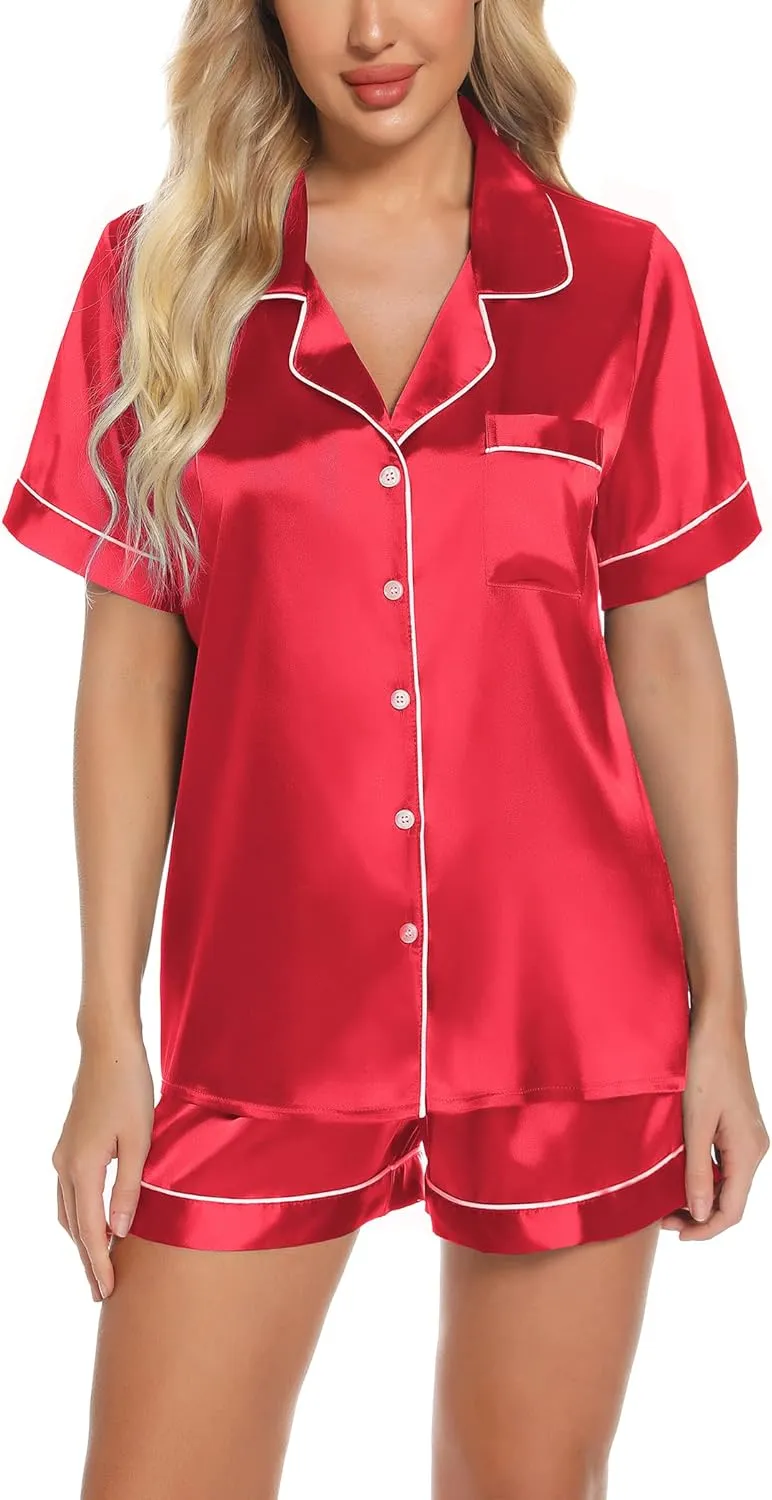 Pjmlifecoco Womens Silk Satin Pajamas Set Short Sleeve Loungewear Two-Piece Sleepwear Button-Down Pj Set with Pockets S-XXL