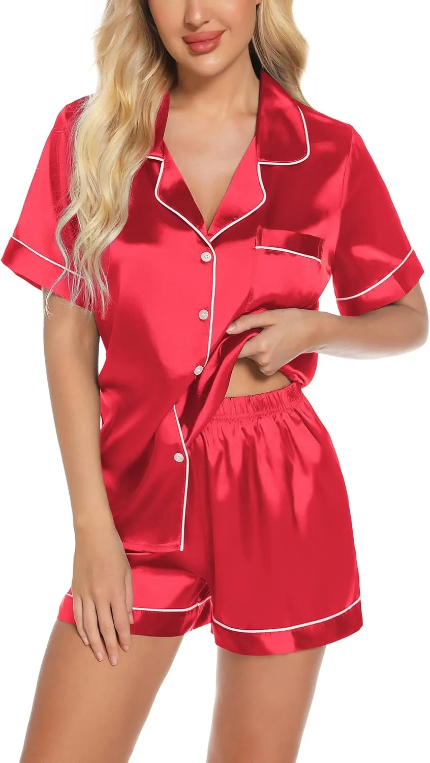 Pjmlifecoco Womens Silk Satin Pajamas Set Short Sleeve Loungewear Two-Piece Sleepwear Button-Down Pj Set with Pockets S-XXL
