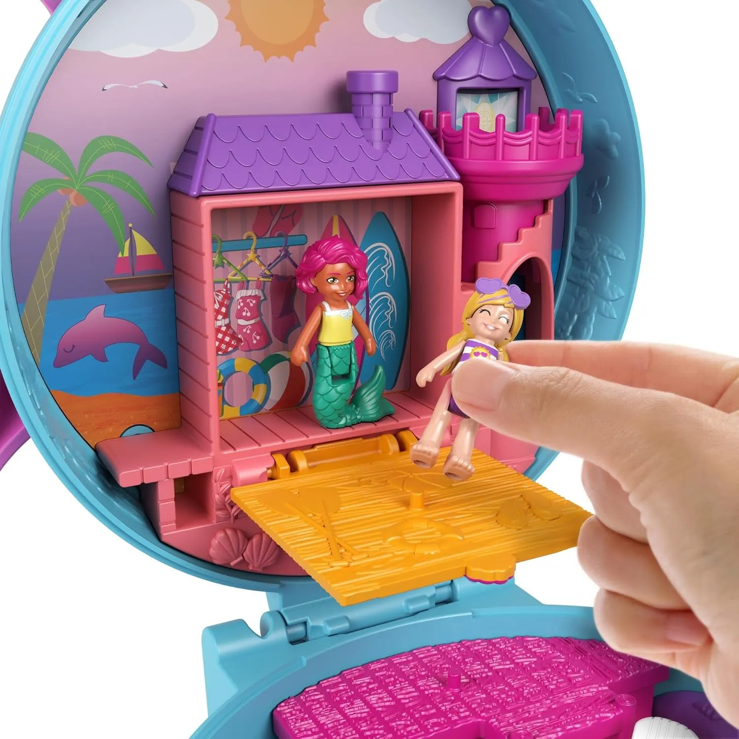 Polly Pocket Compact Playset, Dolphin Beach with Micro Polly, Mermaid Doll & Accessories, Travel Toys with Surprise Reveals