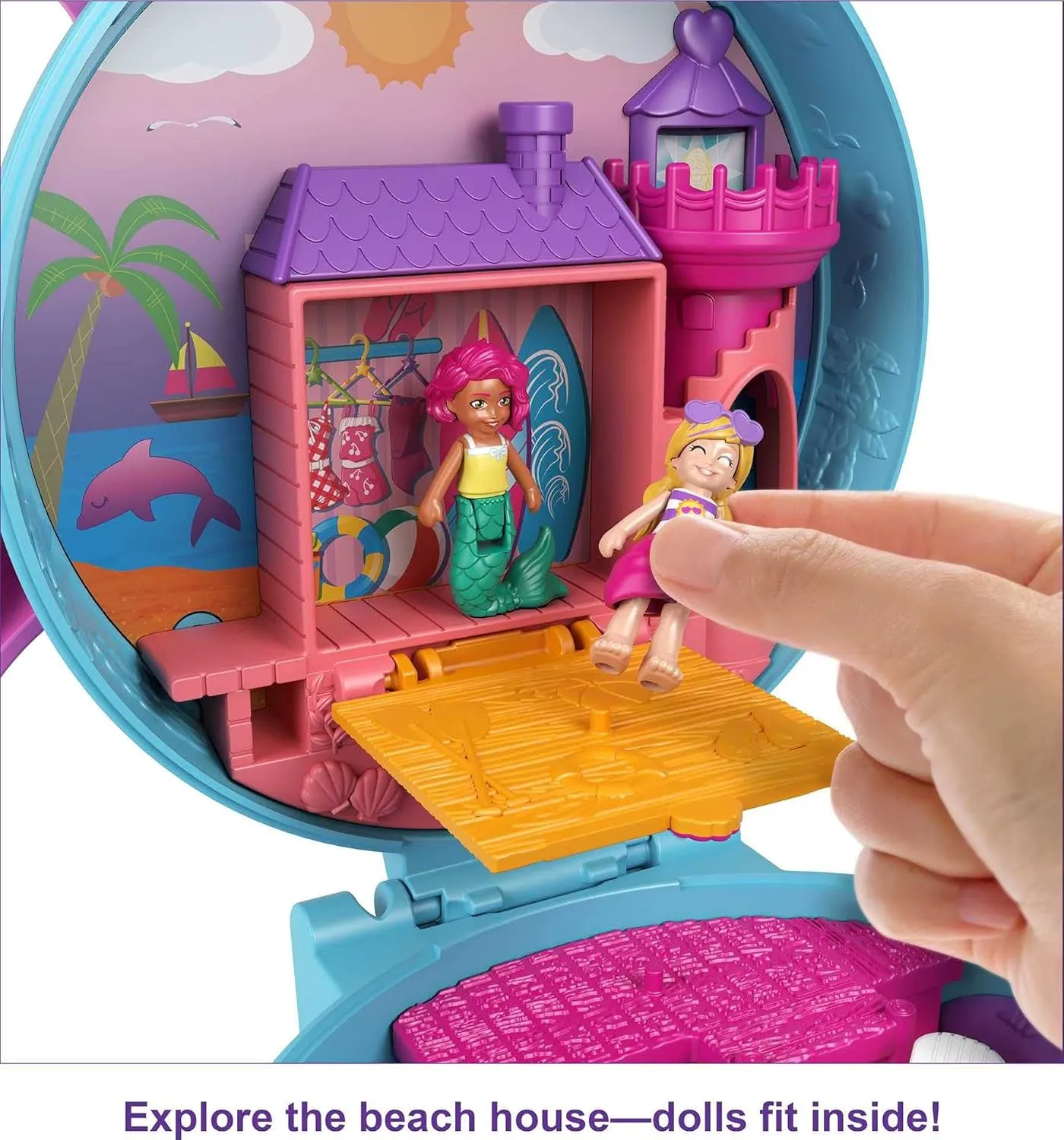 Polly Pocket Compact Playset, Dolphin Beach with Micro Polly, Mermaid Doll & Accessories, Travel Toys with Surprise Reveals