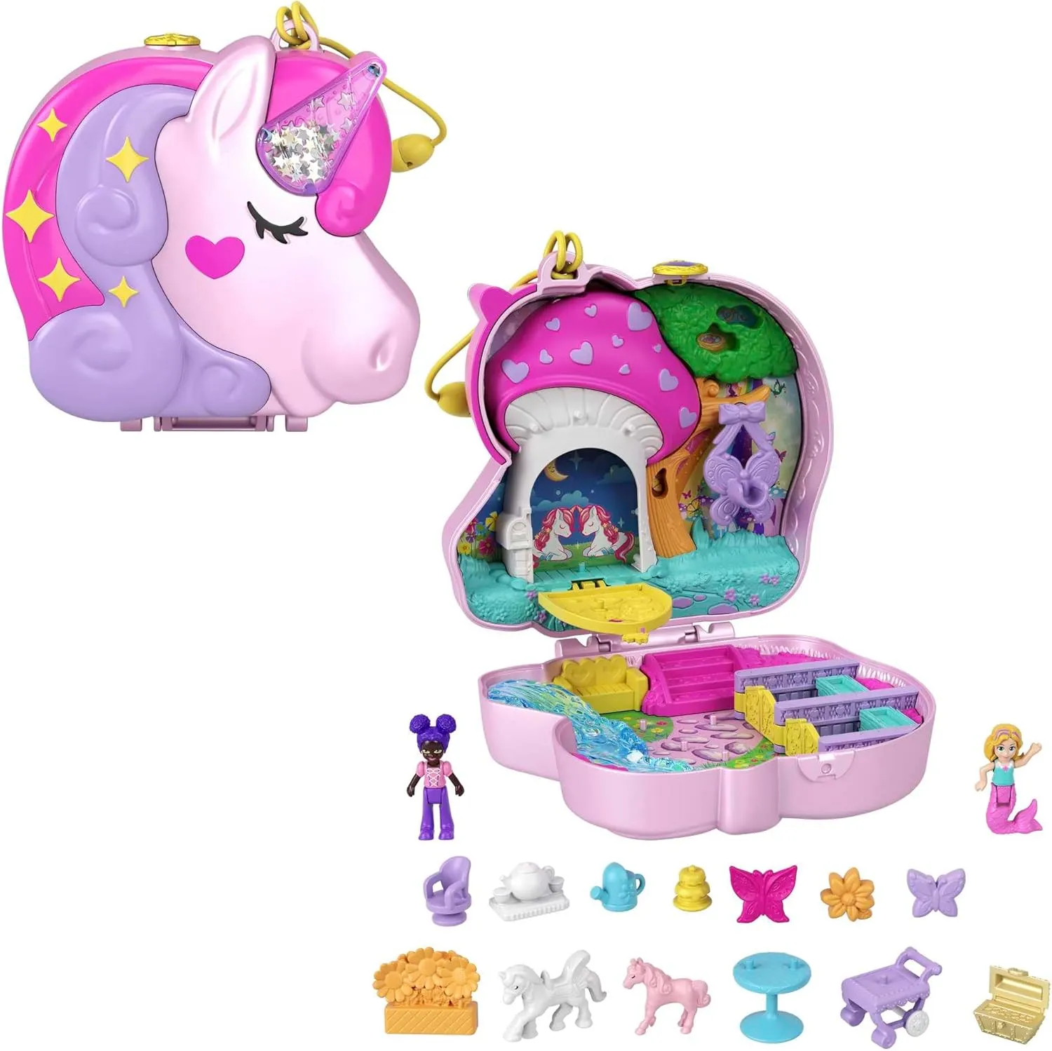 Polly Pocket Compact Playset, Unicorn Tea Party with 2 Micro Dolls & Accessories, Travel Toys with Surprise Reveals