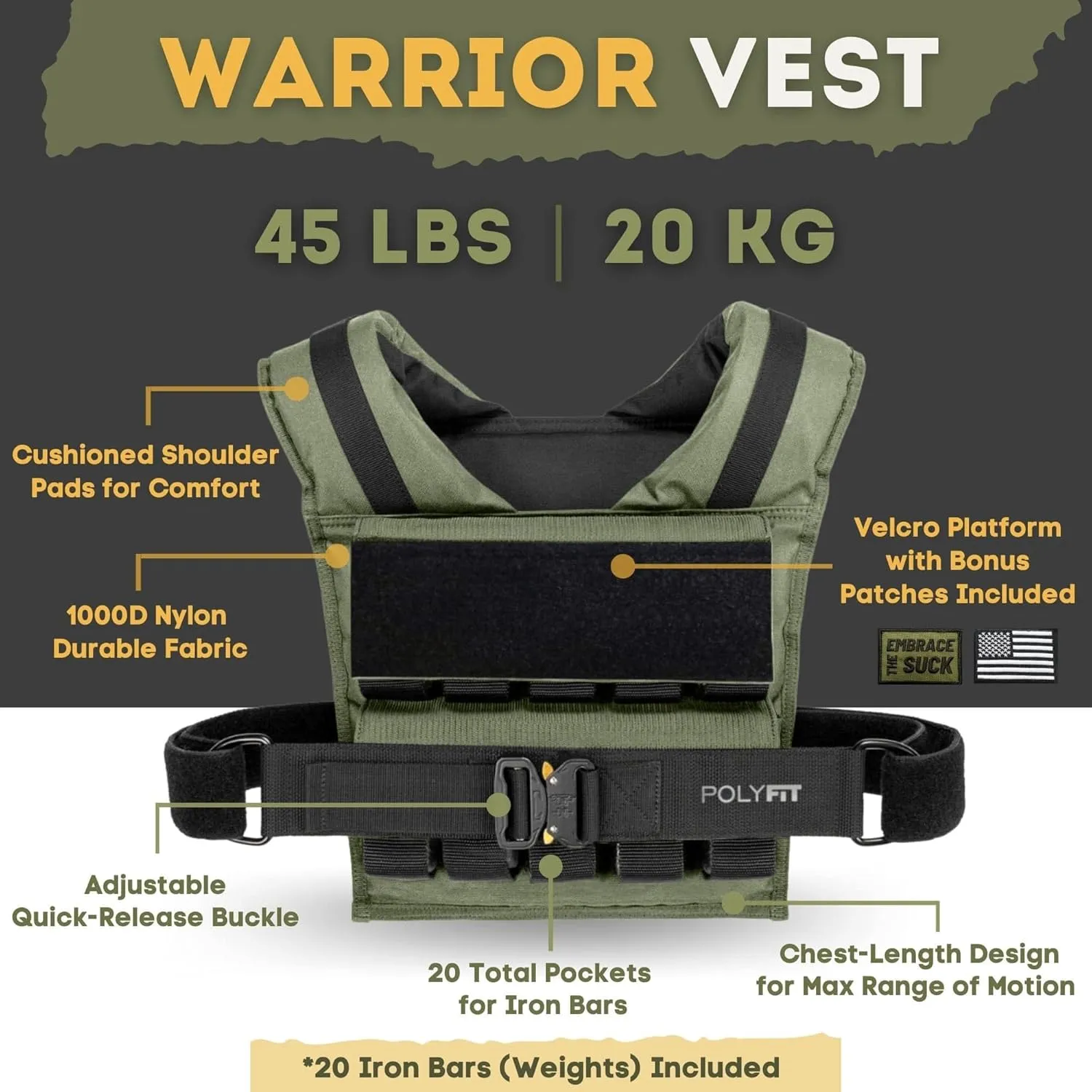 Polyfit (Warrior) Adjustable Weighted Vest - 25lb | 35lb | 45lb - Weight Vest with Adjustable Iron Weights for Men and Women - Workout Vest for Strength Training, Running, Walking, Rucking