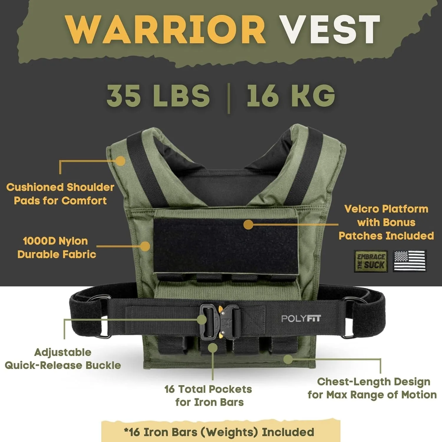 Polyfit (Warrior) Adjustable Weighted Vest - 25lb | 35lb | 45lb - Weight Vest with Adjustable Iron Weights for Men and Women - Workout Vest for Strength Training, Running, Walking, Rucking