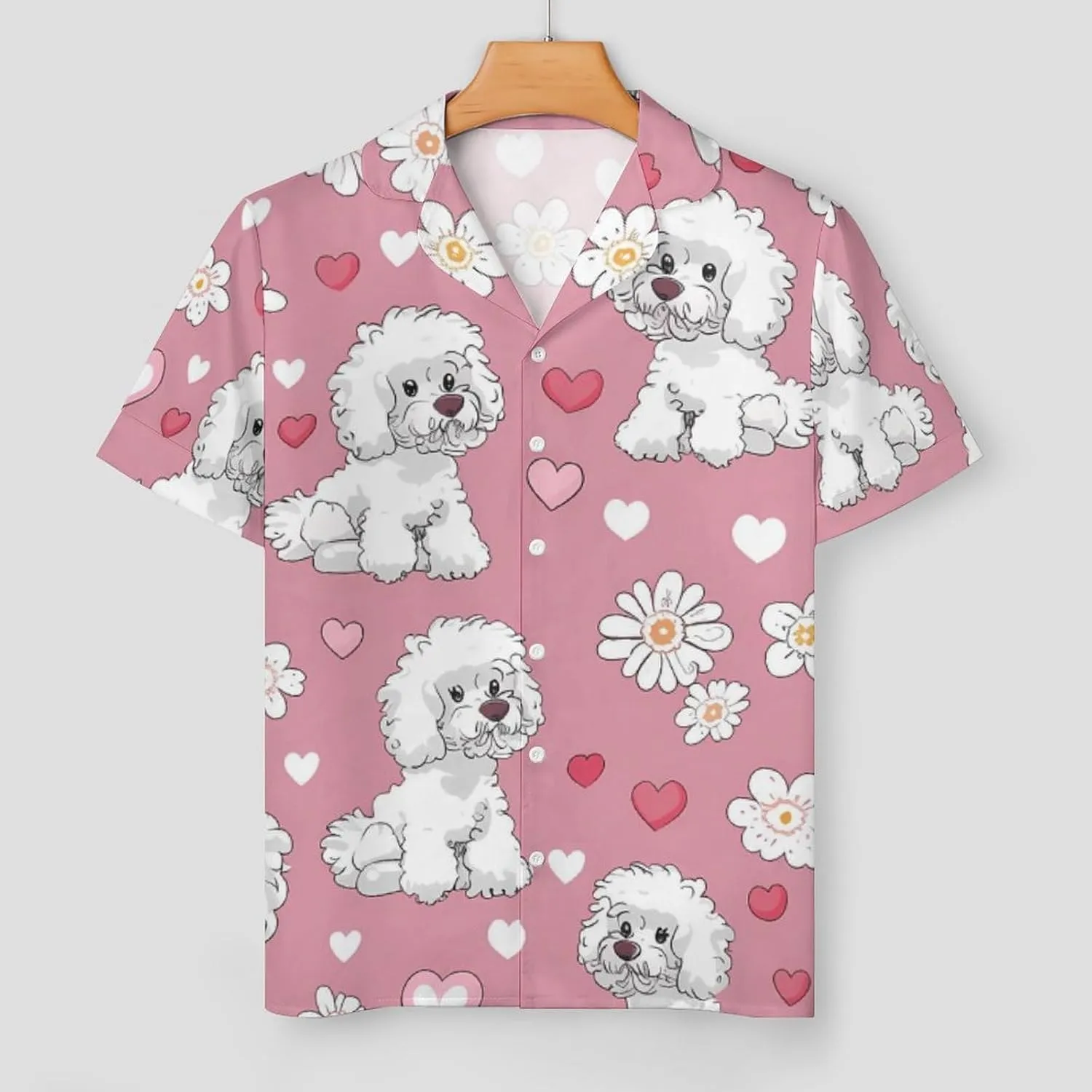 Poodle Dogs Hearts Flowers Women's Satin Pajama Set Short Sleeve Button Down Sleepwear Loungewear Pj Set