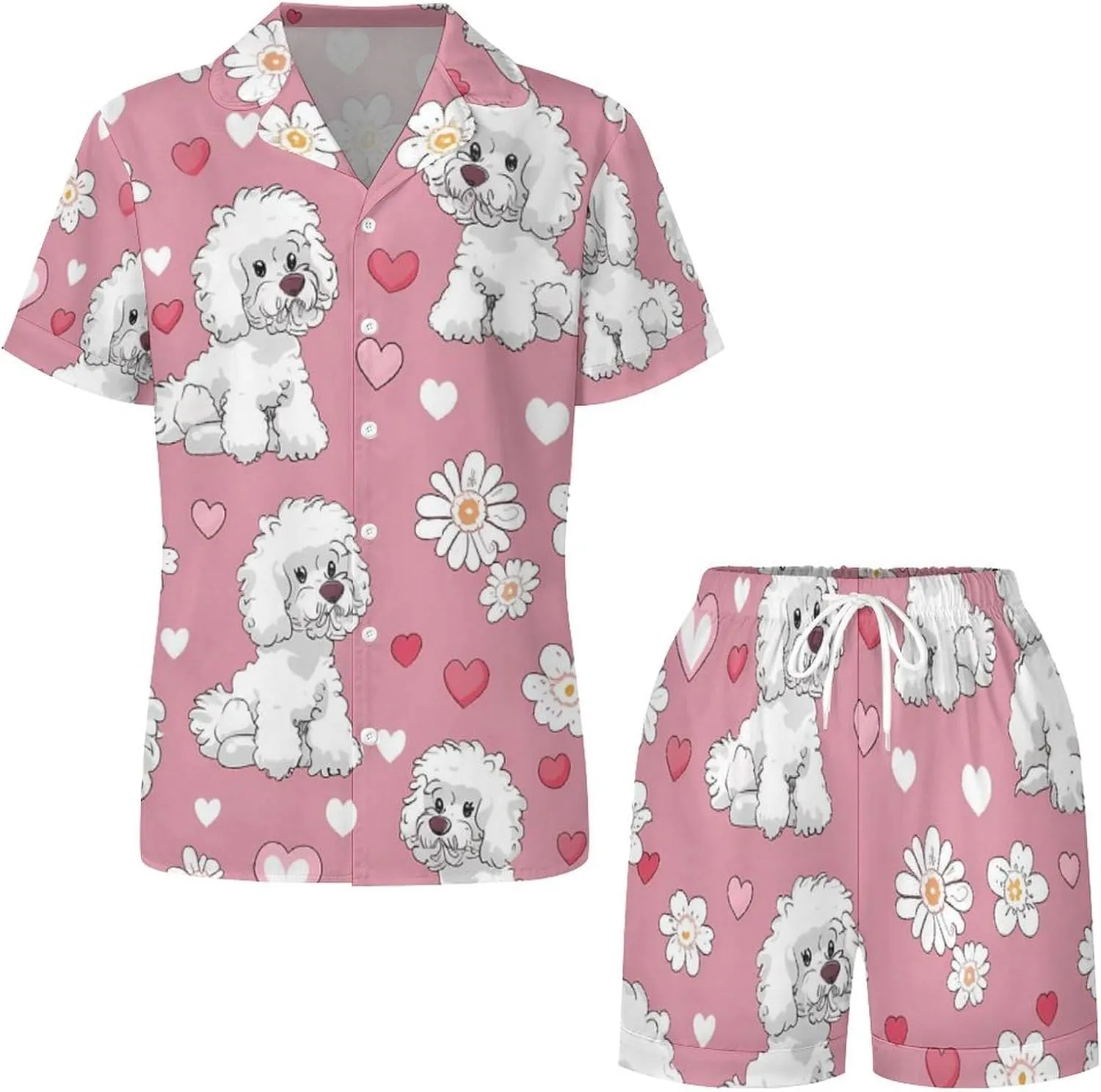 Poodle Dogs Hearts Flowers Women's Satin Pajama Set Short Sleeve Button Down Sleepwear Loungewear Pj Set