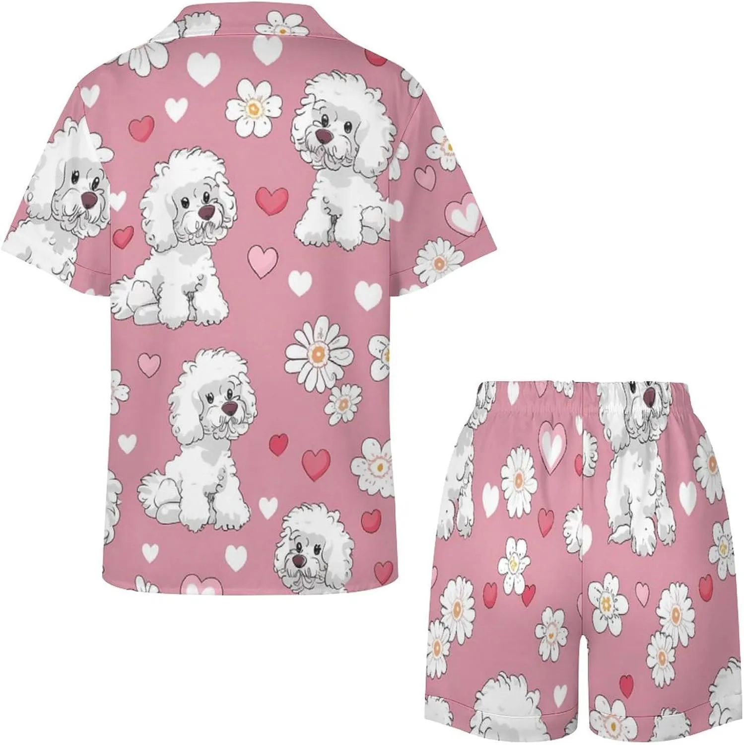 Poodle Dogs Hearts Flowers Women's Satin Pajama Set Short Sleeve Button Down Sleepwear Loungewear Pj Set
