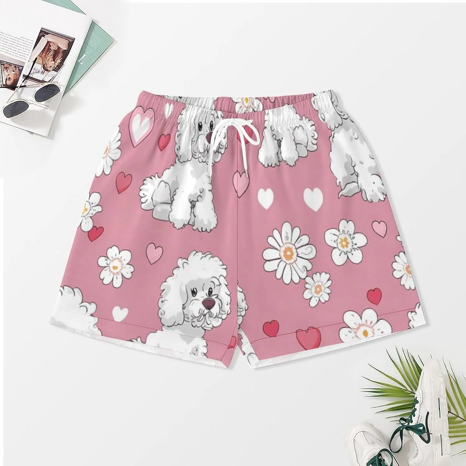 Poodle Dogs Hearts Flowers Women's Satin Pajama Set Short Sleeve Button Down Sleepwear Loungewear Pj Set
