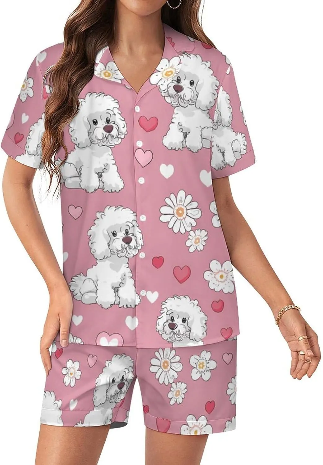Poodle Dogs Hearts Flowers Women's Satin Pajama Set Short Sleeve Button Down Sleepwear Loungewear Pj Set
