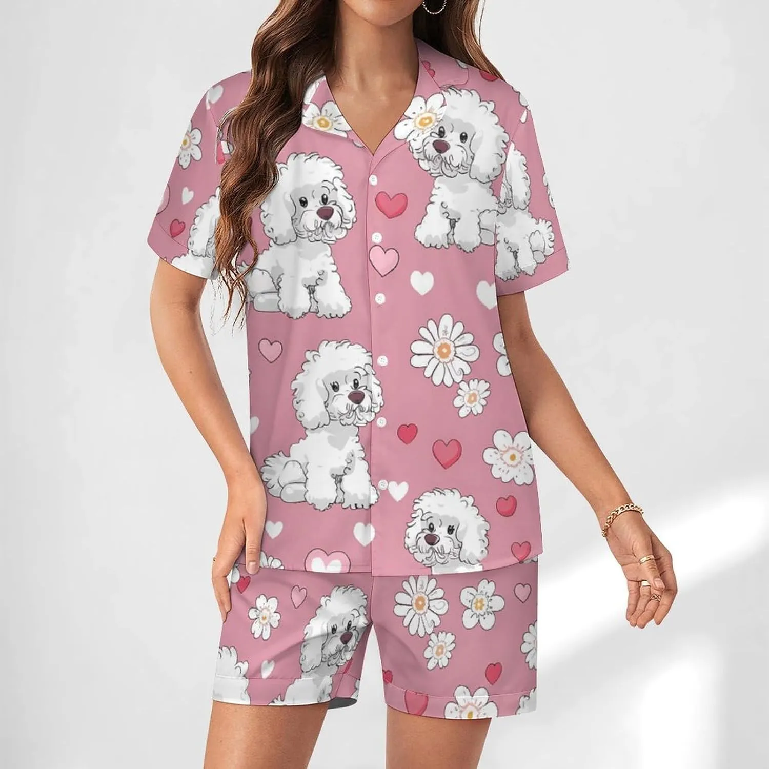 Poodle Dogs Hearts Flowers Women's Satin Pajama Set Short Sleeve Button Down Sleepwear Loungewear Pj Set