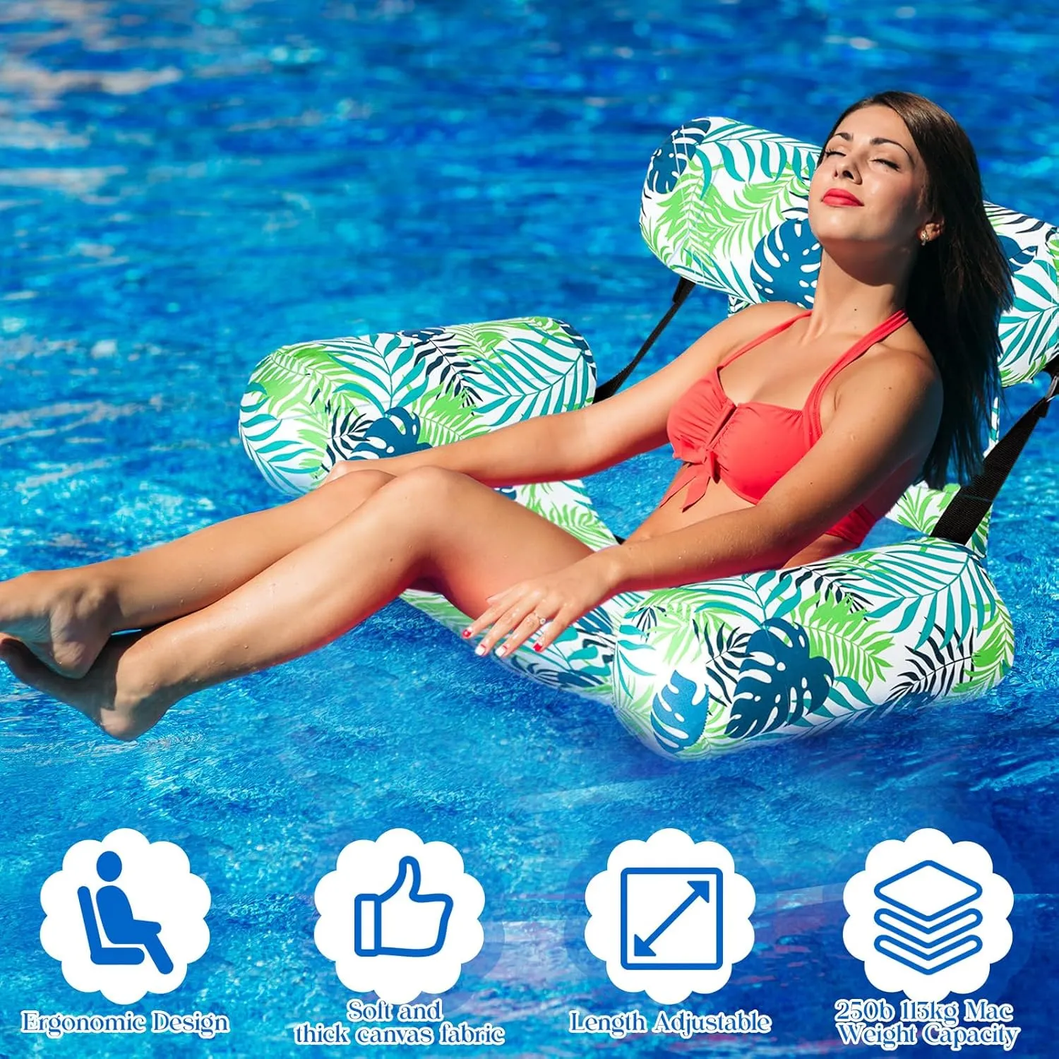 Pool Chair Floats Adult Inflatable Aloha Floating Pool Chairs Water Float Lounger Adjustable Tropical Pattern Cloth Hammock Heavy Duty for Summer Water Beach Lake Party Fun(Green)