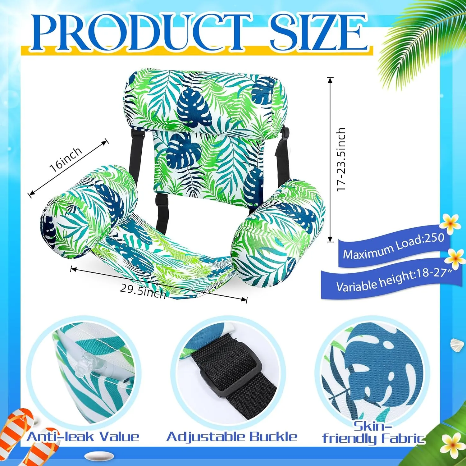 Pool Chair Floats Adult Inflatable Aloha Floating Pool Chairs Water Float Lounger Adjustable Tropical Pattern Cloth Hammock Heavy Duty for Summer Water Beach Lake Party Fun(Green)