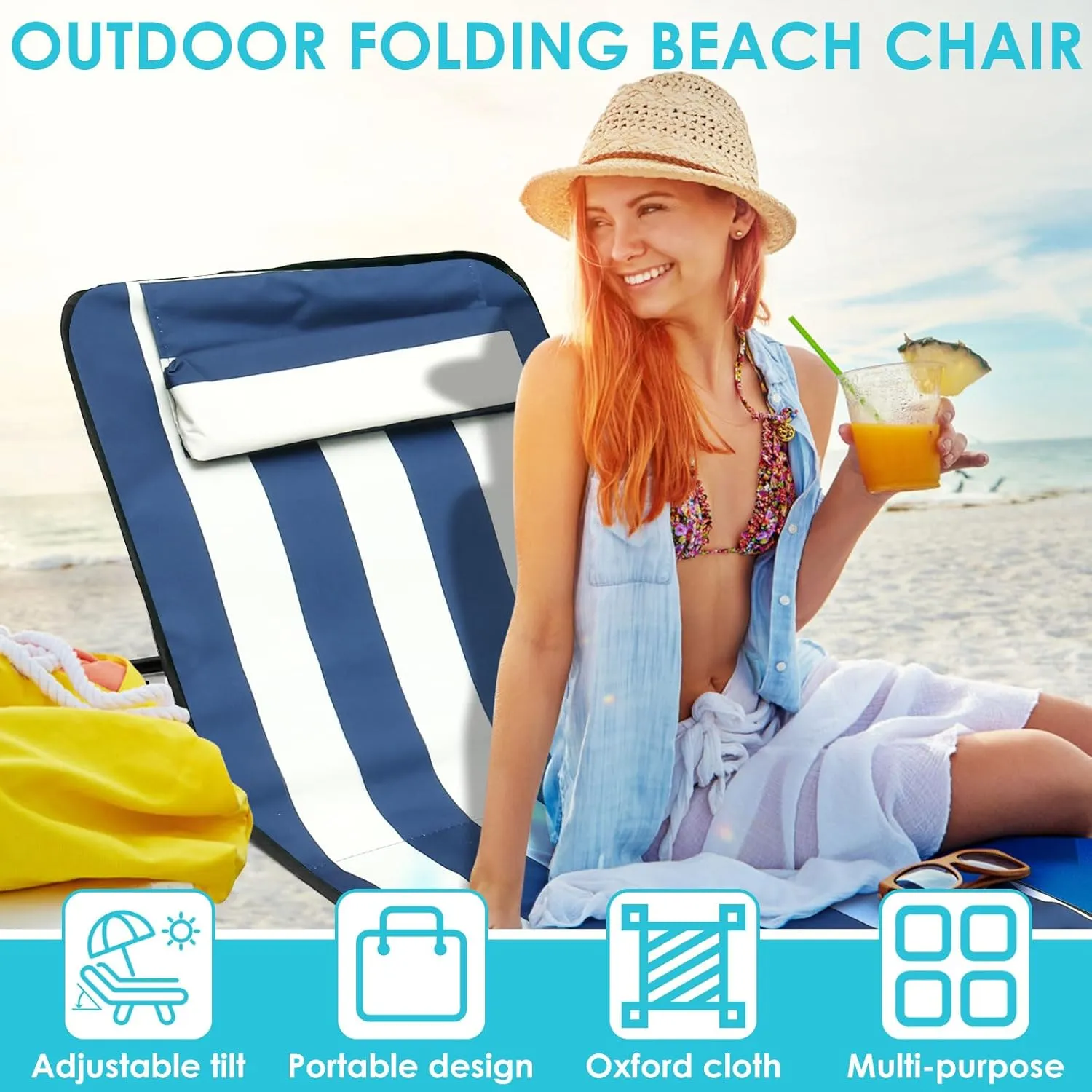 Portable Beach Mat Lounge Chair and Tote, Recliner Beach Mat Oxford Cloth Sun Chair Adjustable Tilt Angle Folding Tanning Waterproof with Pocket for Holidays Garden Camping Park
