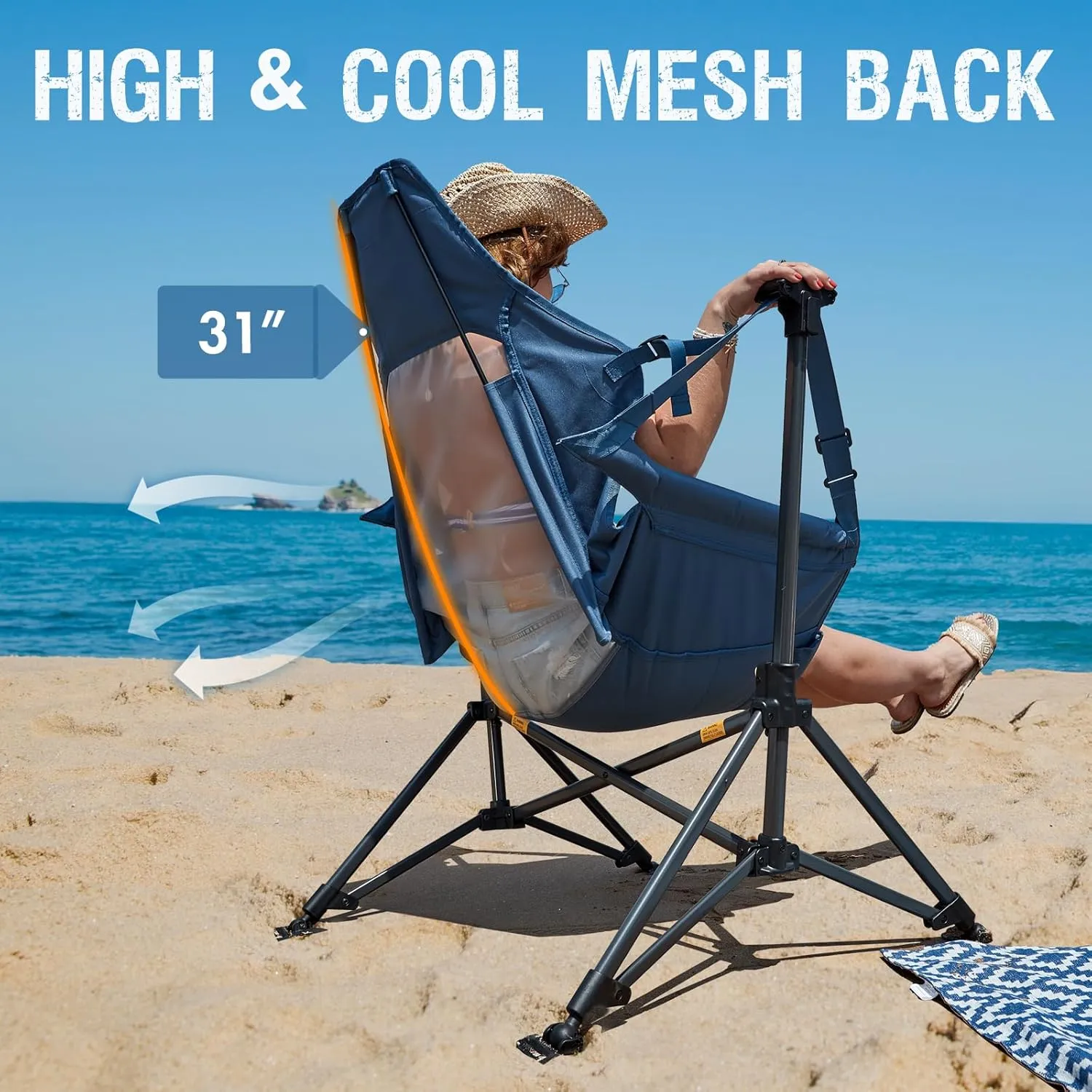 PORTAL Hammock Camping Chair, Portable Outdoor Swinging Chairs, Rocking Chair for Adults with Adjustable Back and Height for Lawn, Backyard, Patio, Supports 400 lbs, Breathable Mesh High Back, Blue