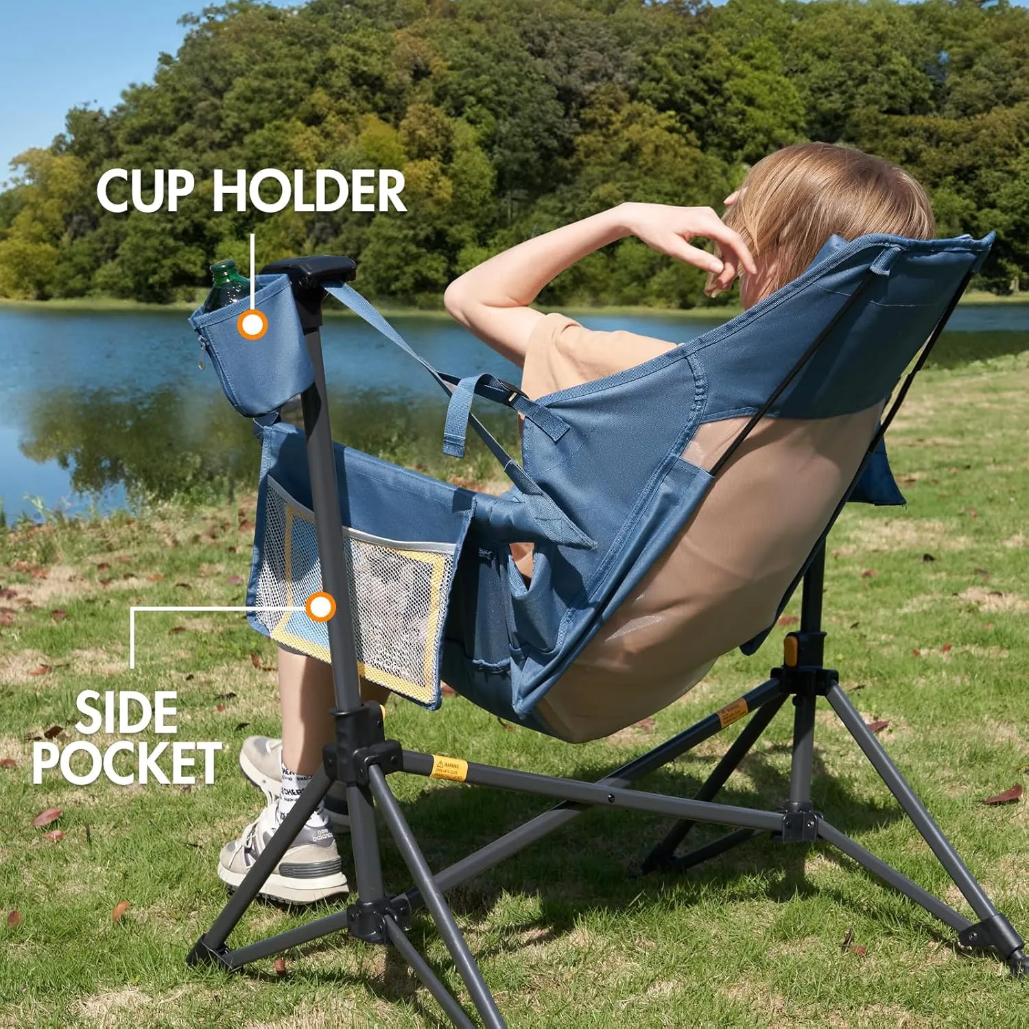 PORTAL Hammock Camping Chair, Portable Outdoor Swinging Chairs, Rocking Chair for Adults with Adjustable Back and Height for Lawn, Backyard, Patio, Supports 400 lbs, Breathable Mesh High Back, Blue