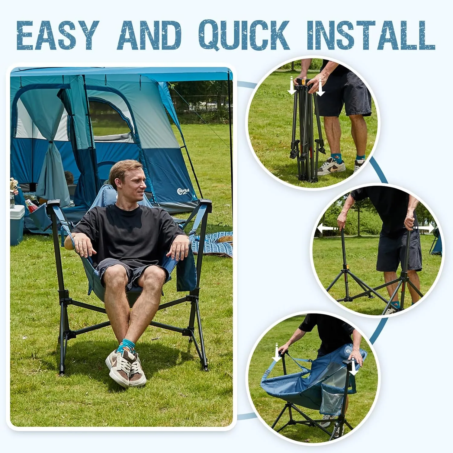PORTAL Hammock Camping Chair, Portable Outdoor Swinging Chairs, Rocking Chair for Adults with Adjustable Back and Height for Lawn, Backyard, Patio, Supports 400 lbs, Breathable Mesh High Back, Blue
