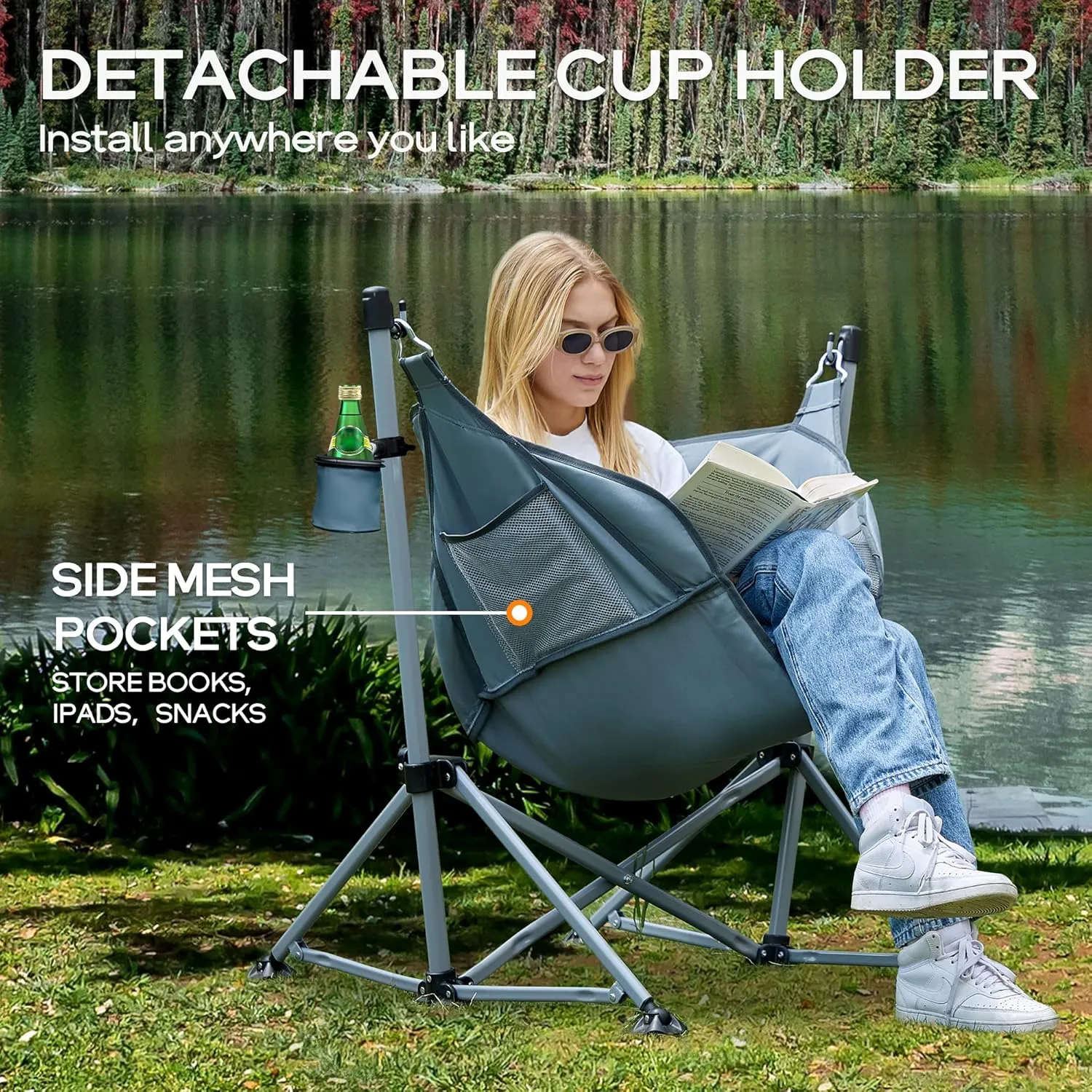 PORTAL Large Hammock Camping Chair Folding Rocking Chairs Portable Swinging Chair Wide Seat for Outdoor Lawn Patio Garden,Support 350 lbs, Grey