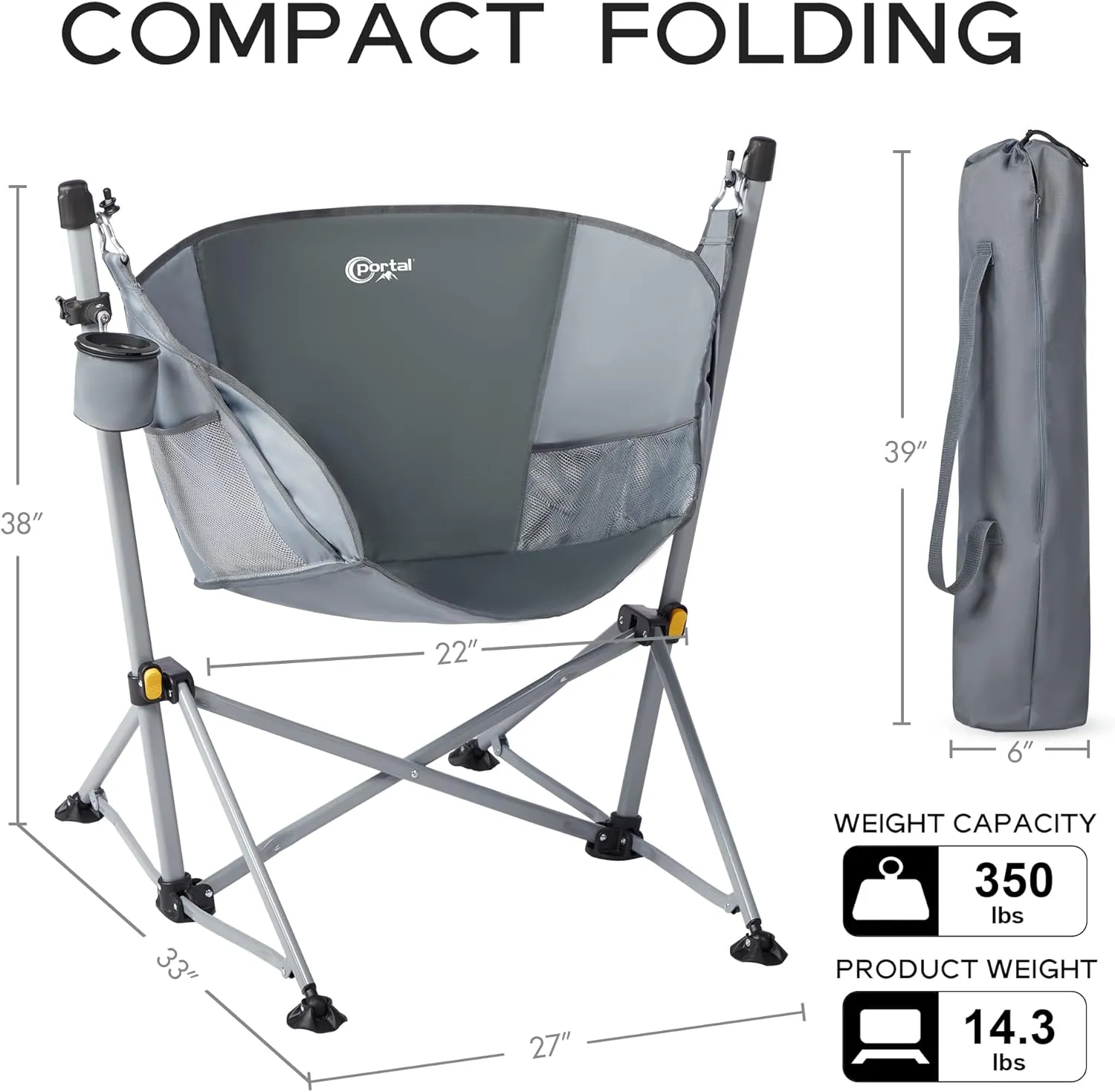 PORTAL Large Hammock Camping Chair Folding Rocking Chairs Portable Swinging Chair Wide Seat for Outdoor Lawn Patio Garden,Support 350 lbs, Grey