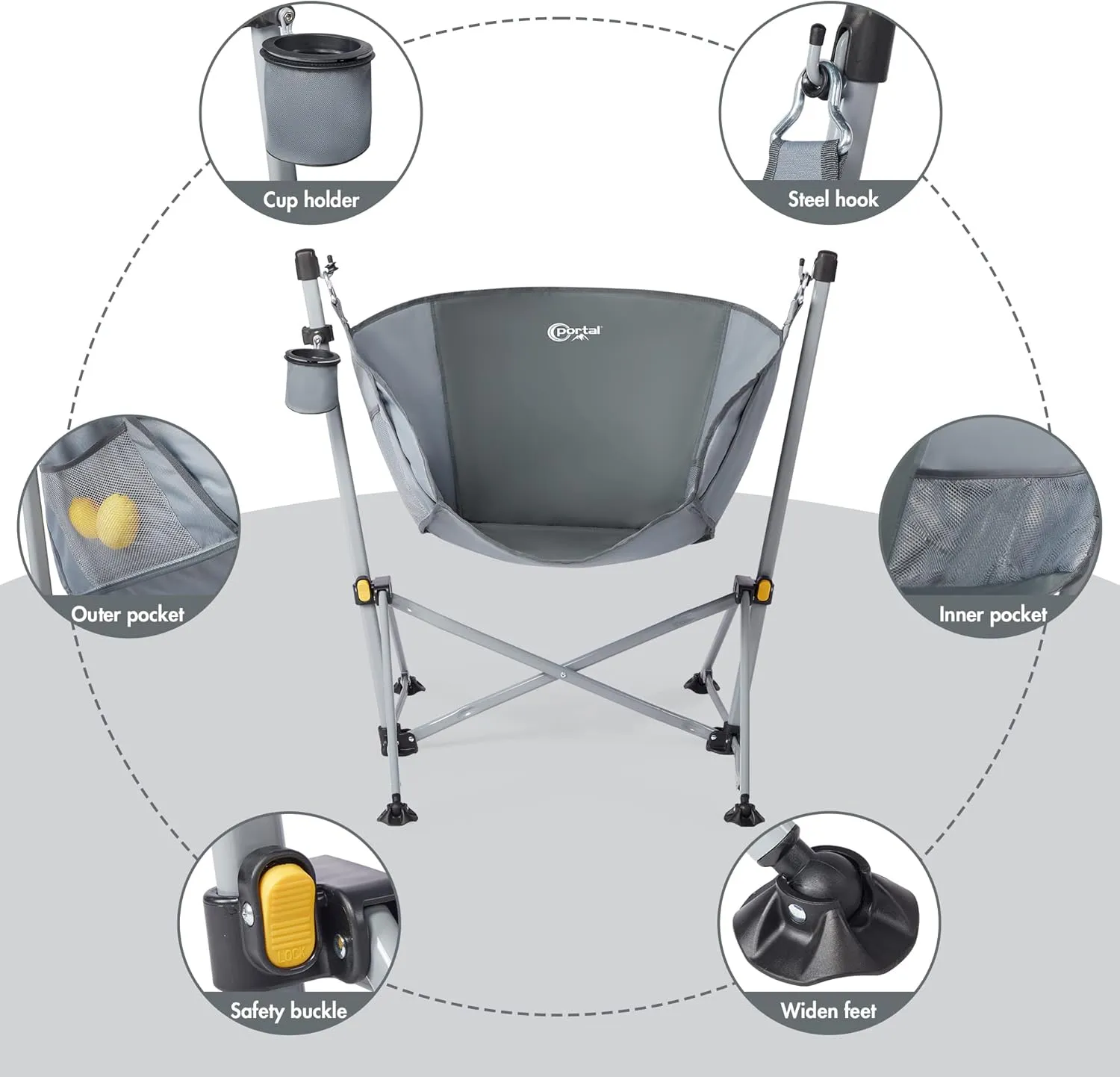 PORTAL Large Hammock Camping Chair Folding Rocking Chairs Portable Swinging Chair Wide Seat for Outdoor Lawn Patio Garden,Support 350 lbs, Grey