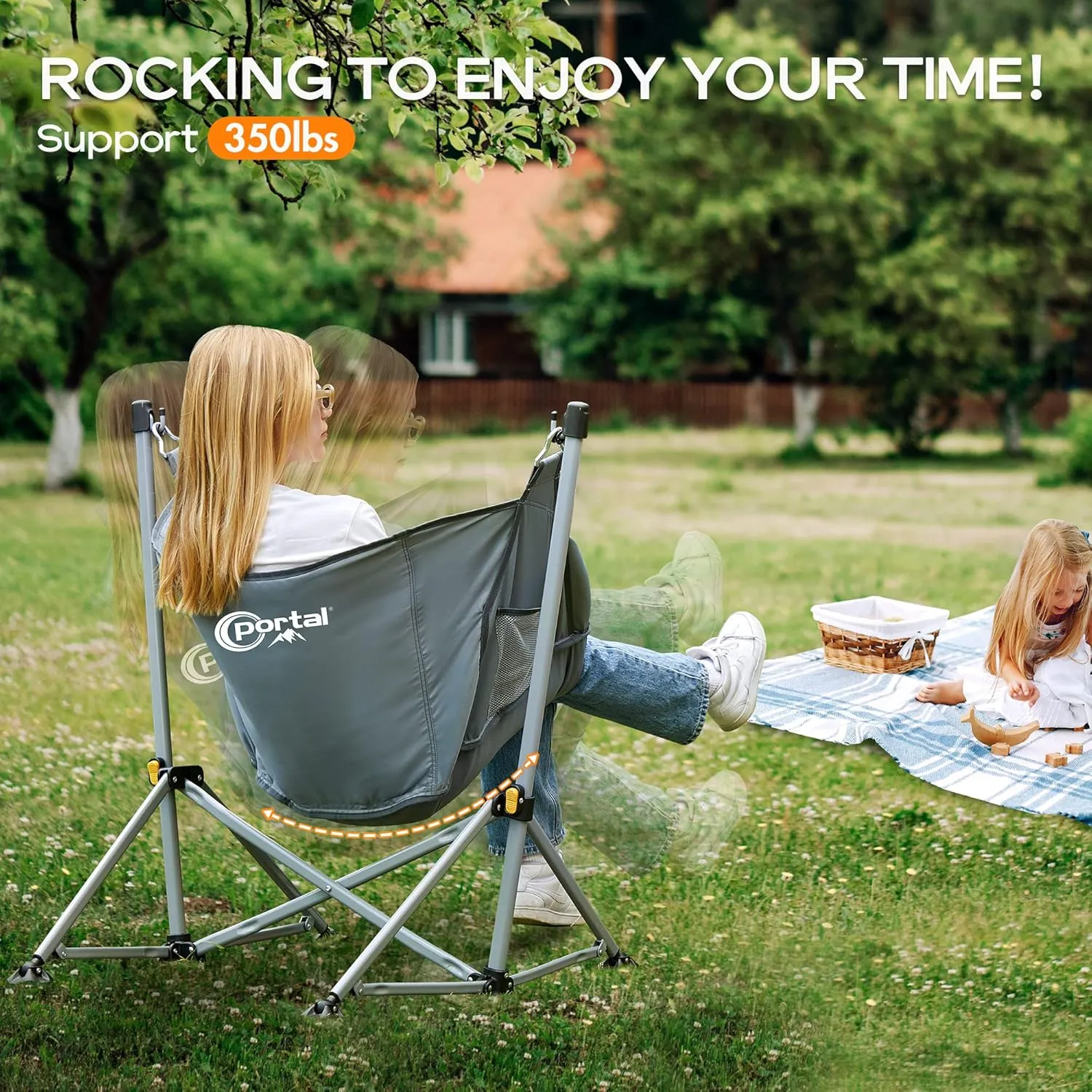 PORTAL Large Hammock Camping Chair Folding Rocking Chairs Portable Swinging Chair Wide Seat for Outdoor Lawn Patio Garden,Support 350 lbs, Grey